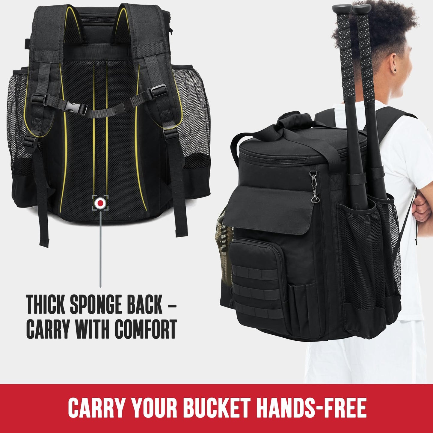 Baseball Bucket Bag Backpack, Coaches Bucket Bag Fit 6 Gallon Buket, Baseball Coaching Accessories with Multiple Pockets, Tactical Style Softball Coaches Bags with Backpack Straps Bucket not included