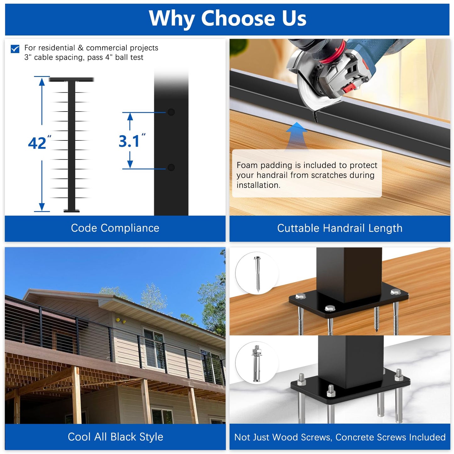 Zylorix 4ft-8ft Complete Set 42" Deck Cable Railing System with Handrail Cuttable, Modular T304 Stainless Steel Black Level Drilled Cable Railing Posts Kit with 1/8" Cable Railing Hardware