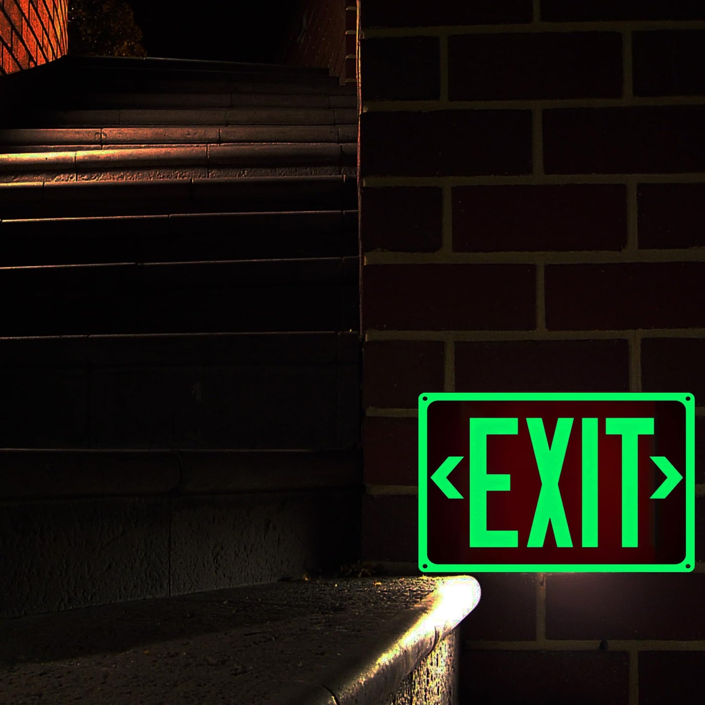 4Pack Photoluminescent Exit Sign Aluminum - 14x10 Inches Glow In Dark Exit Sign with Adhesive Backing - Removable Arrows Included - Non Electrical Red Exit Light For 50 Feet Visibility