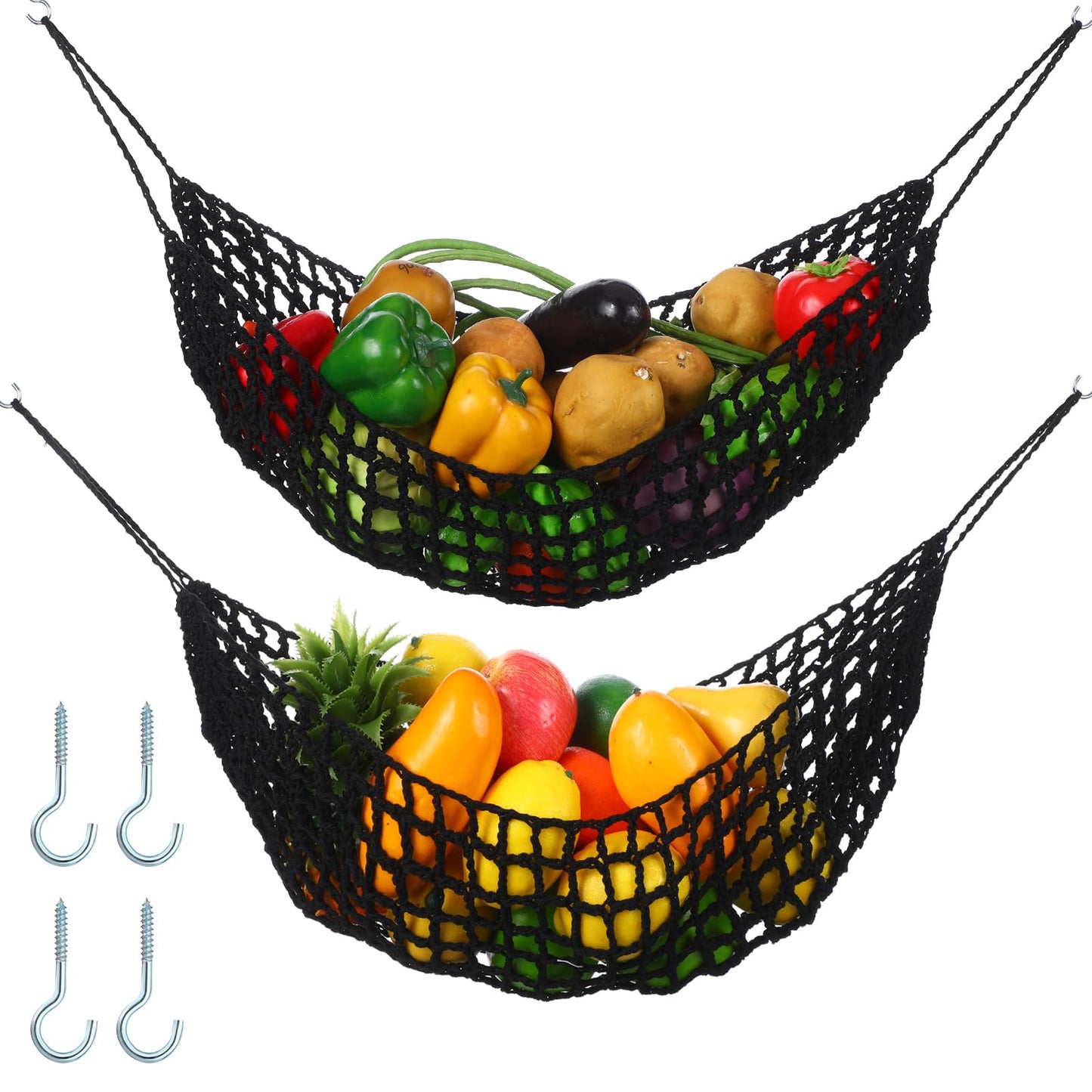 Xuhal 2 Pcs 11.8 x 20 Inch Large Macrame Fruit Hammock Under Cabinet Veggie Banana Hammock Hanging Fruit Basket Saves Counter Space for Kitchen Hand-woven Lace Hanging Basket (Black Style)
