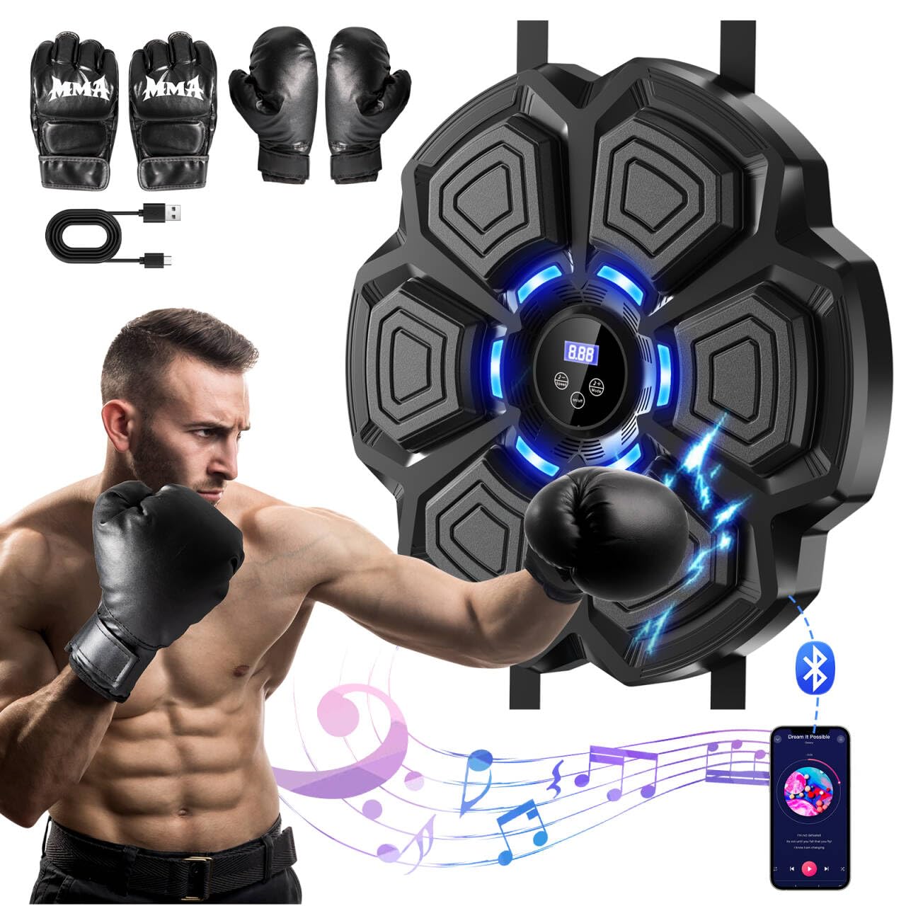 Beyn 2026 Music Boxing Machine Upgrade - Smart Bluetooth,Two Pairs of Gloves.Multiple Modes.Wall-Mounted for Home/Office/Gym.Ideal for Adults and Kids.Space-Saving,Brings Fun Workouts and Family Fun.