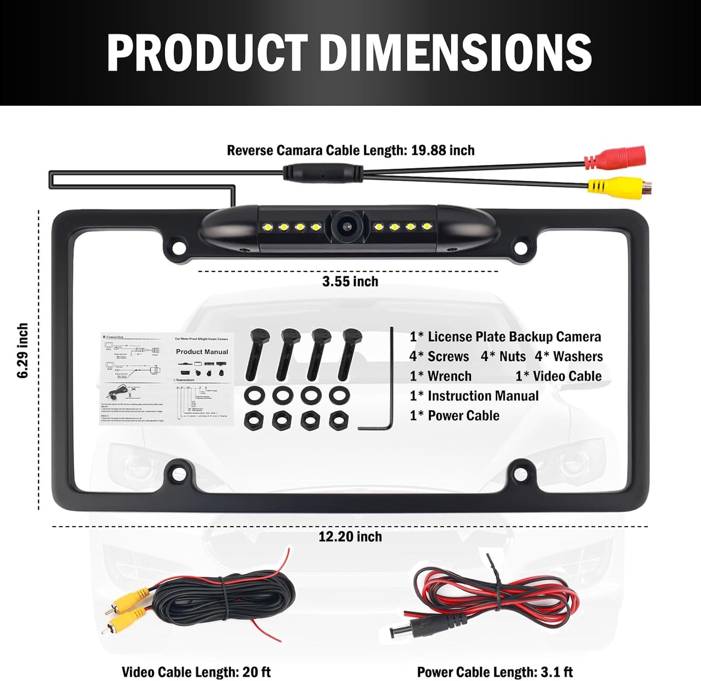 VKQTS 2026 8 170 New License Plate Backup Camera with LED Lights,Waterproof License Plate Reverse Camera with Wide