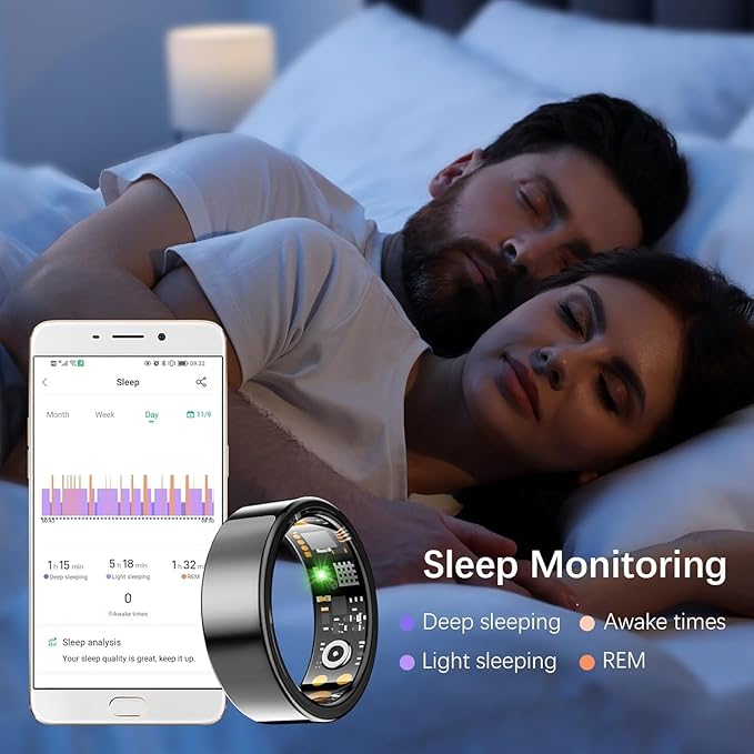 Health Tracker Ring, Smart Health Ring for Women Men with Heart Rate, Blood Oxygen, Sleep Monitor, Steps,Calories, No Subscription Fee, IP68 Waterproof Smart Ring for iPhone & Android (Black, 11#)