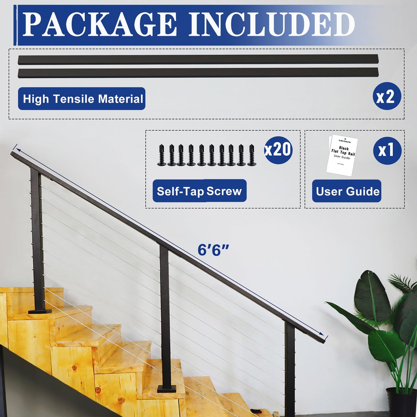 Dawn Railing 2 Pack 6'6" Black Rectangle Cable Railing Handrail 1"x2" Stainless Steel Handrail, Modern & Durable Flat Top Rail Black Powder Finishing Surface for Cable Railing System Kit Deck Stair