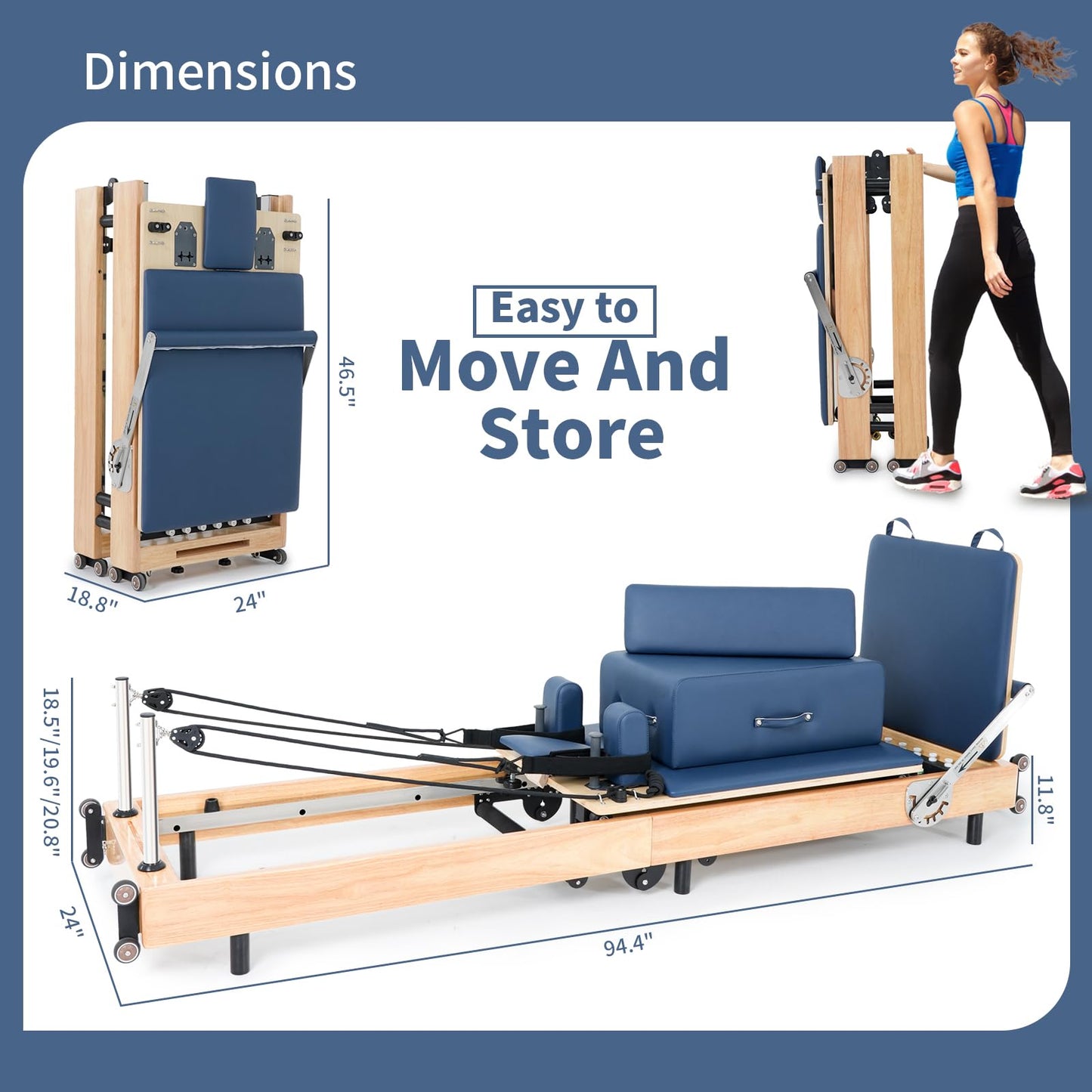 Foldable Pilates Reformer Machine, Oak Wood Pilates Equipment for Home Workouts and Studio Training, Reformer with Box, Jump Board, Foot Board and Accessories (Blue)
