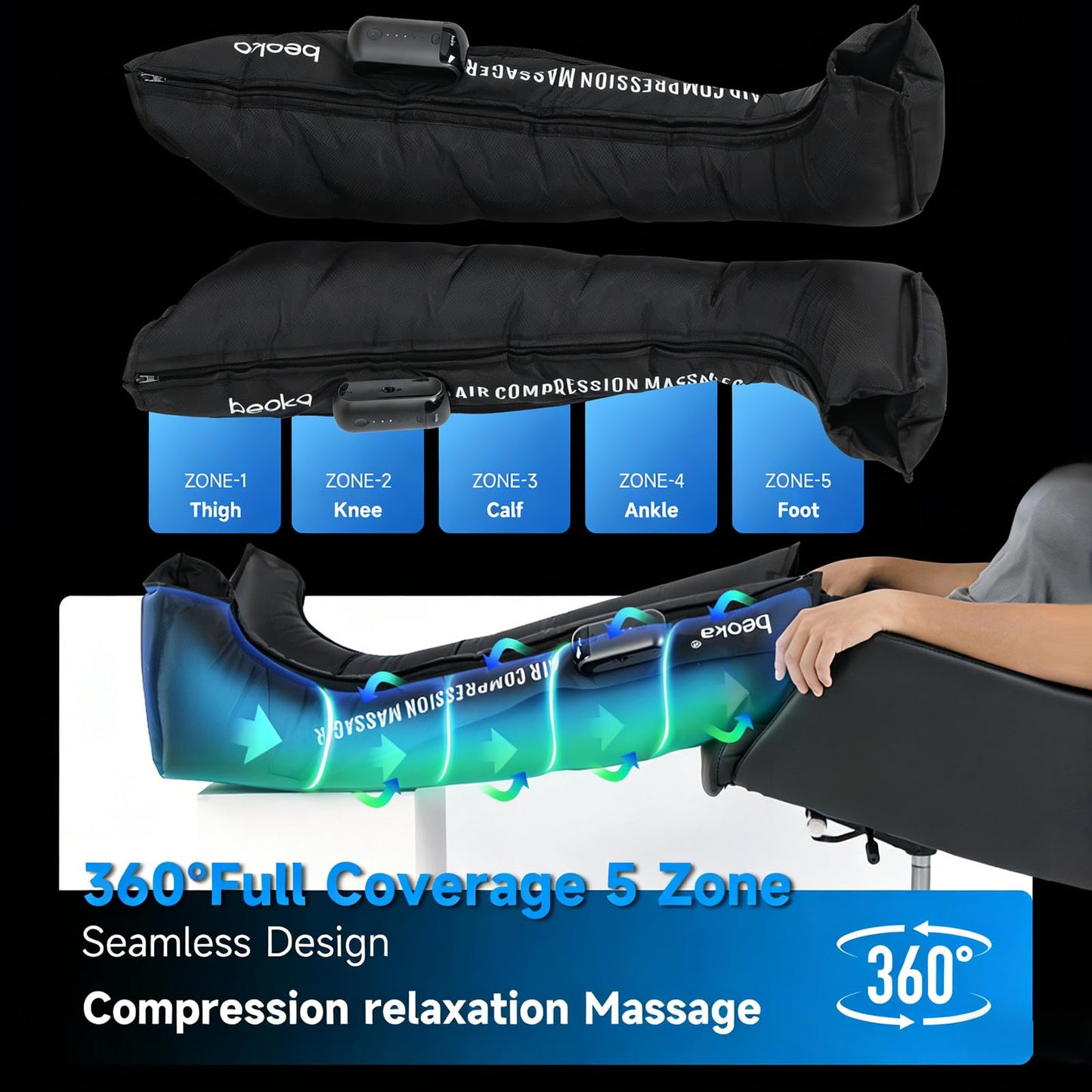 beoka Leg Massager for Circulation and Pain Relief, Leg Recovery System for Fast Recovery, Cordless Air Compression Boots with 3 Modes 5 Intensities for Athletes Runners and Travelers-L