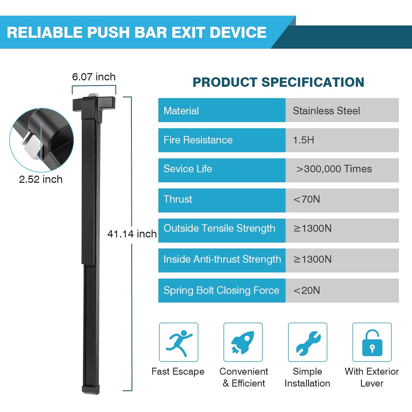 IRONWALLS Panic Exit Device, Black - 41' Commercial Door Push Bar with Exterior Lever, Stainless Steel Emergency Door Push Bar Locks for 41'-53' Doors
