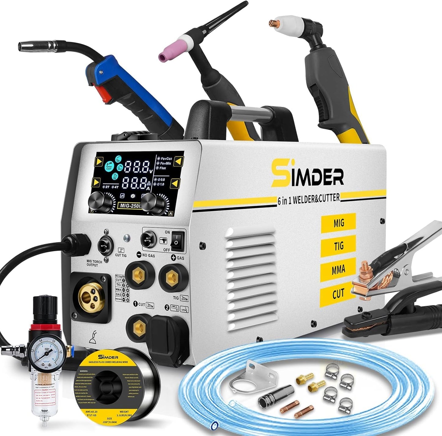 SSimder 6-in-1 MIG Welder & Plasma Cutter 160A Gas MIG/Flux Core/Lift TIG/Stick/Cut Combo 110V 220V 35A Air Cutting for Auto Repair DIY & Small Workshop