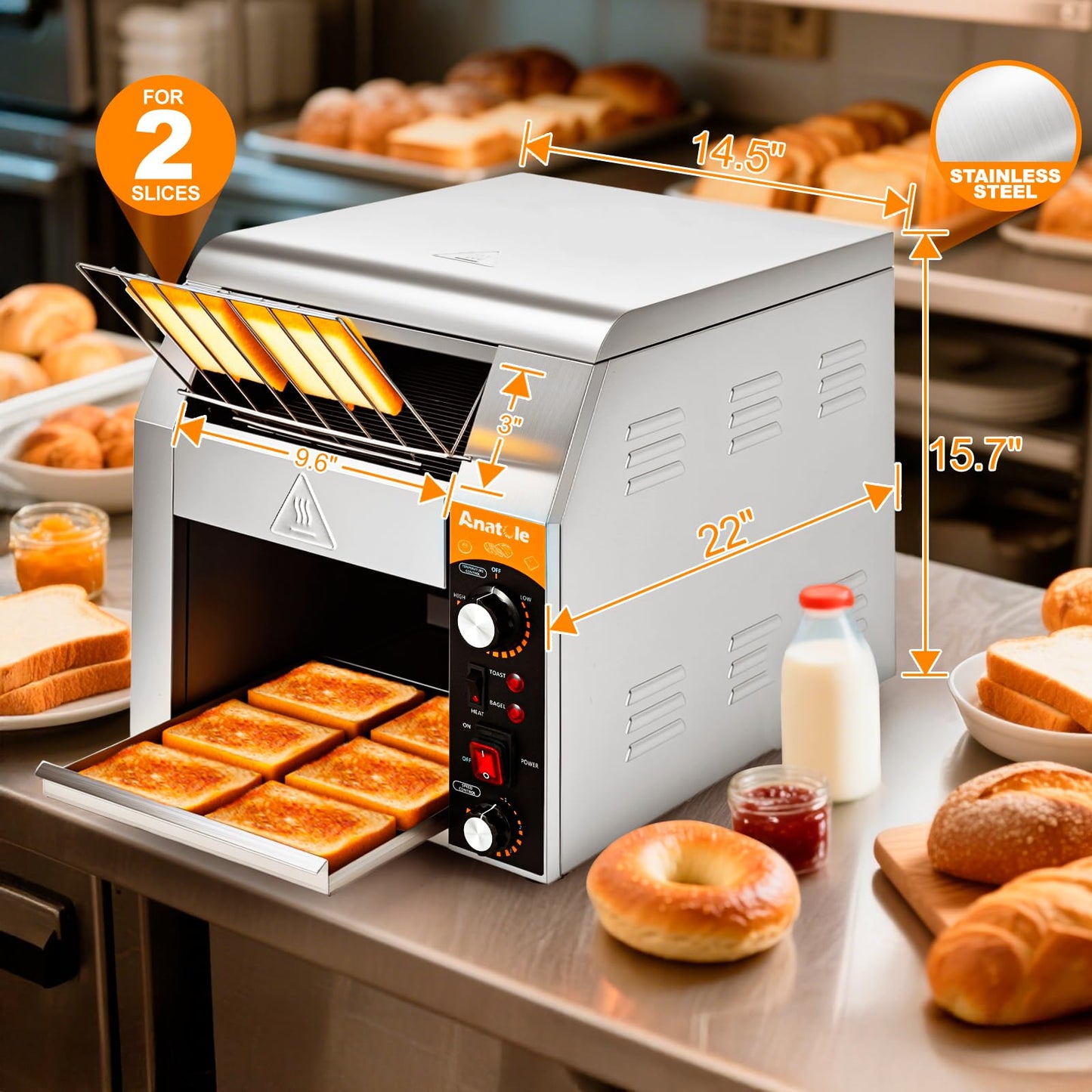 Anatole Commercial Conveyor Toaster 400 Slices/Hour Stainless Steel Electric Toaster Oven Heavy Duty 1700W for Bun Bagel Bread Waffle Coissant Buffet Restaurant Cafe Hotel