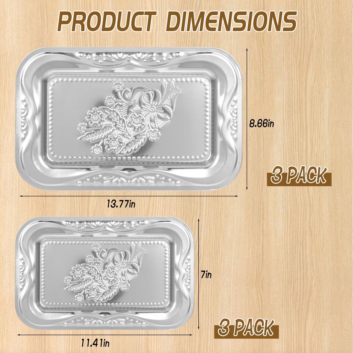 6 Pack Silver Serving Trays Set, Floral Engraved Mirror Decorative Tray Party Platters for Whiskey Cookies Food Dessert Fruit Cupcake Weddings Table Parties Display