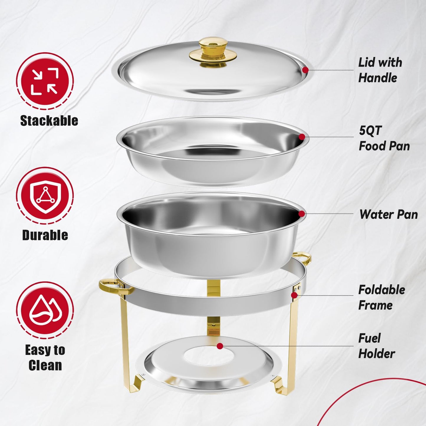 IMACONE Chafing Dish Buffet Set of 4, 5QT Round Stainless Steel Chafer for Catering, Upgraded Chafers and Buffet Warmer Sets w/Food & Water Pan, Lid, Gold Frame, Fuel Holder for Party Wedding Holiday