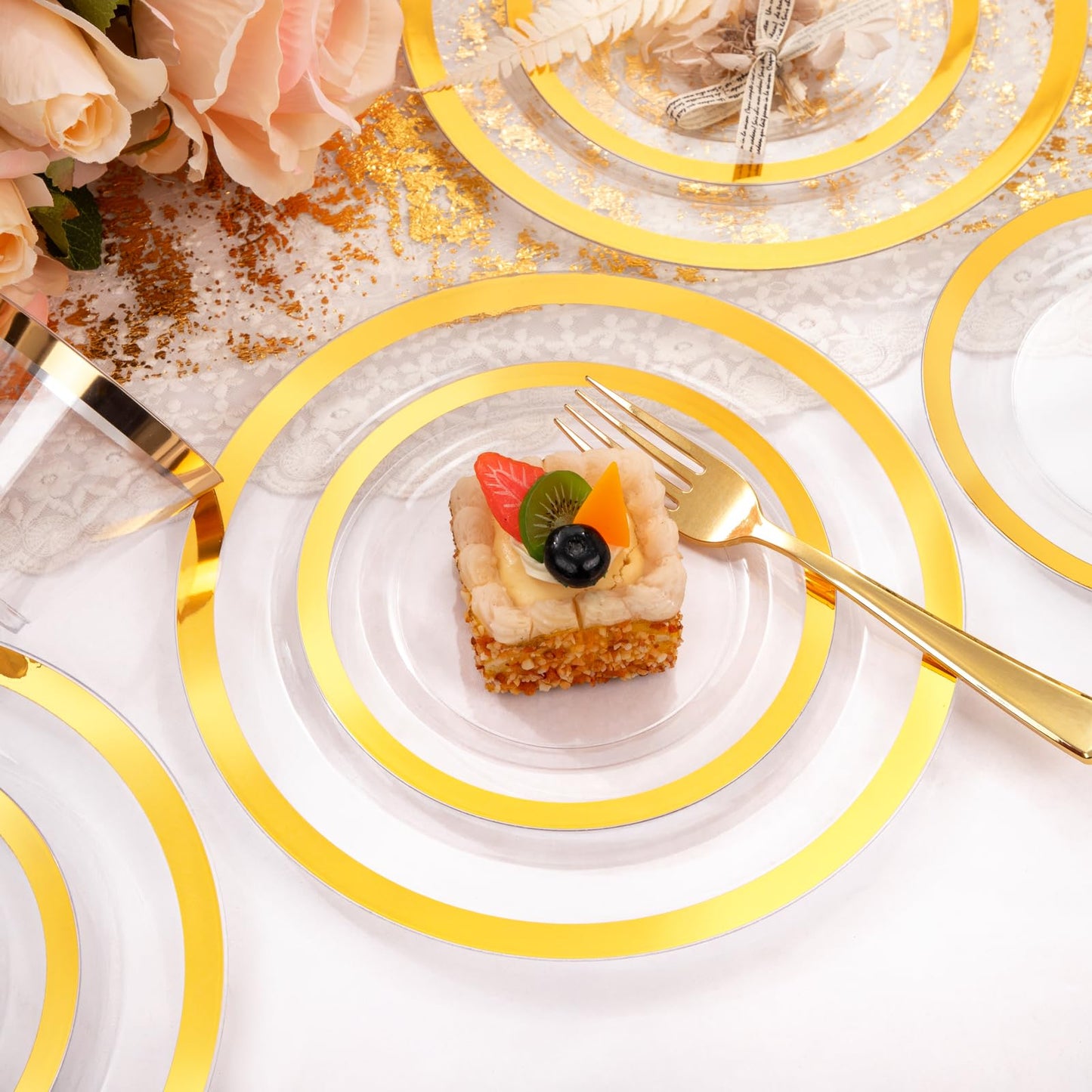 Liacere 350PCS Clear Gold Plastic Plates for 50 Guests Dinnerware Include 100 disposable Plates 150 Gold Silverware 50Napkins for Party & Wedding