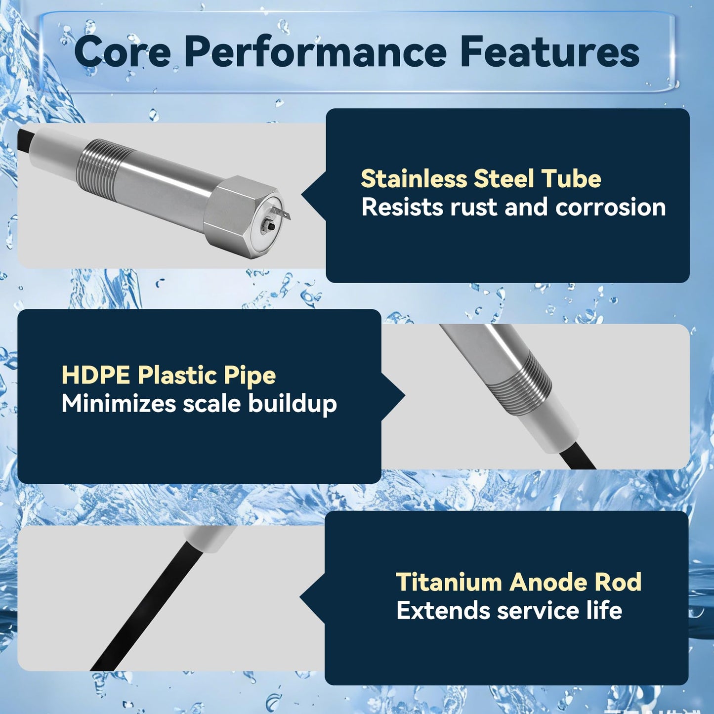 Powered Anode Rod, for 40-89 Gallon Water Tank Except Bradford White, Titanium Electrical Anode Rod for Water Heater, Prevent Inner Tank Corrosion and Stop Leaks, Reduce Sediment Buildup and Scale