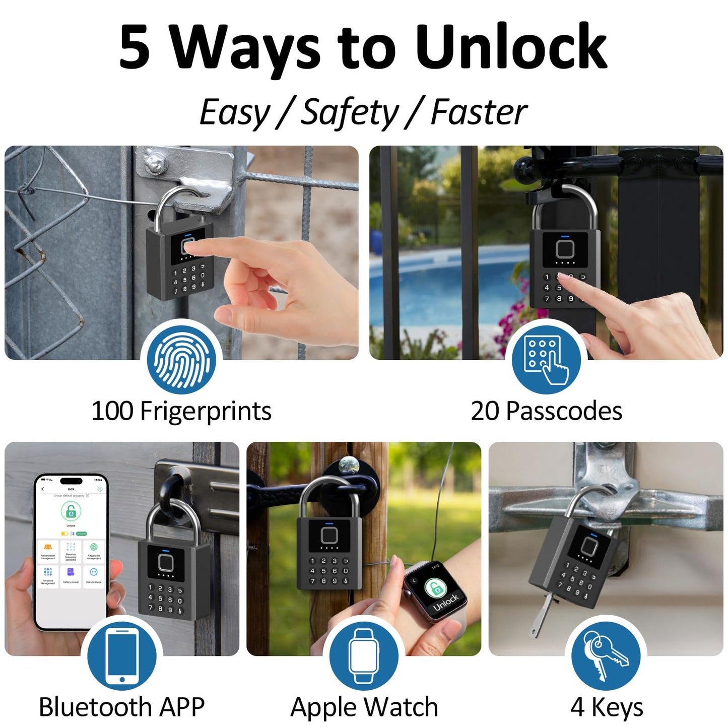 Foxlock Heavy Duty Smart Padlock with Key, Fingerprint Pad Lock with Code Keypad, Waterproof Electronic Digital Combination Lock for for Gate Outdoor Fence Storage Unit Outdoor Fence Shed Gym