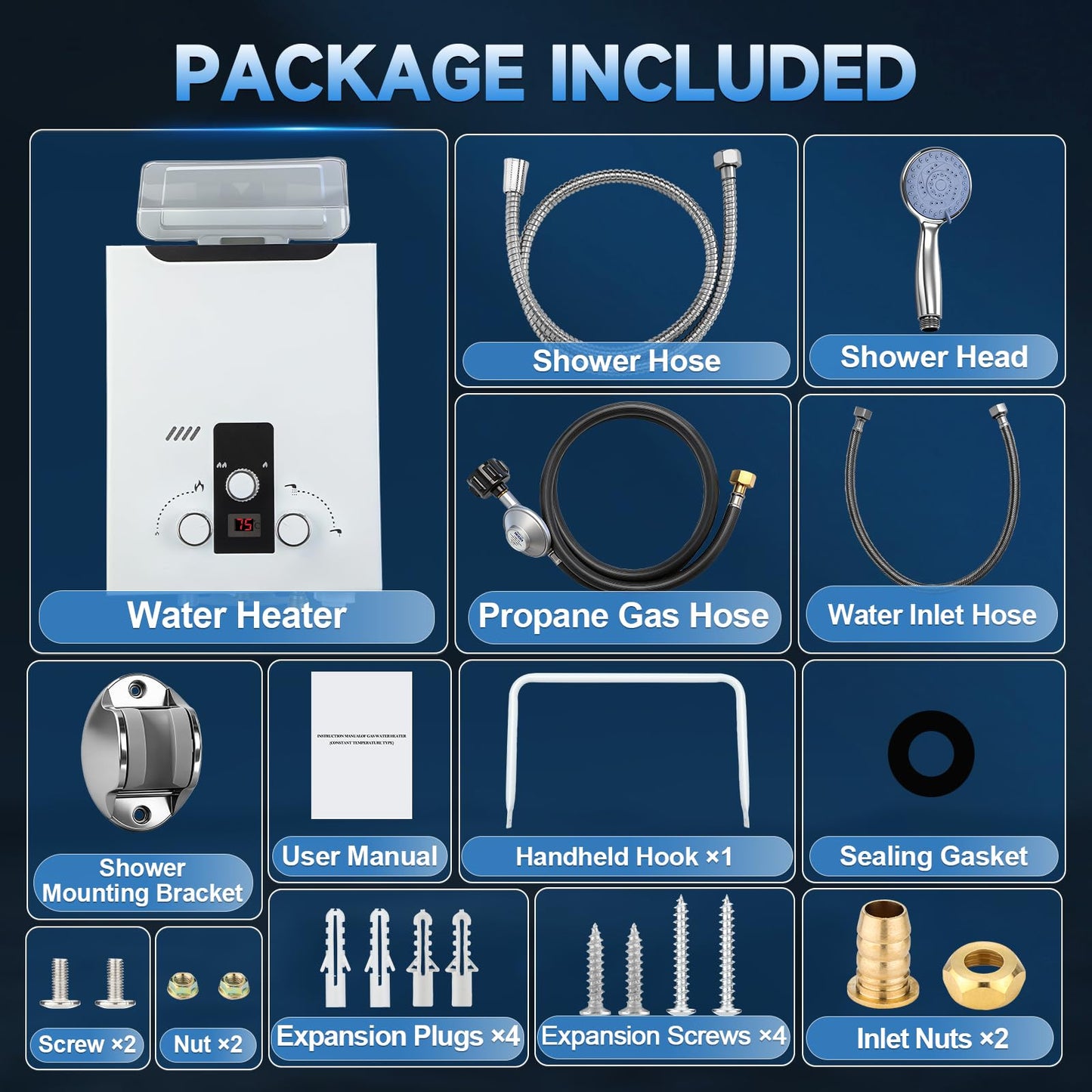 GEARPASS Propane Tankless Water Heater Outdoor, 2.11 GPM 8L, Portable Gas Water Heater with Handle and Digital Display, Instant Hot Water for RV, Cabin, Pet Bathing, Camping