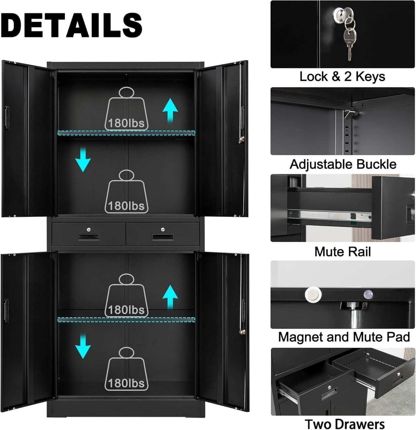 GarveeHome Garage Storage Cabinet, 73'' Metal Storage Cabinet with Wheels and Adjustable Shelves, Heavy Duty Storage Cabinet with Locking Doors and 2 Drawers for Office and Garage, Black
