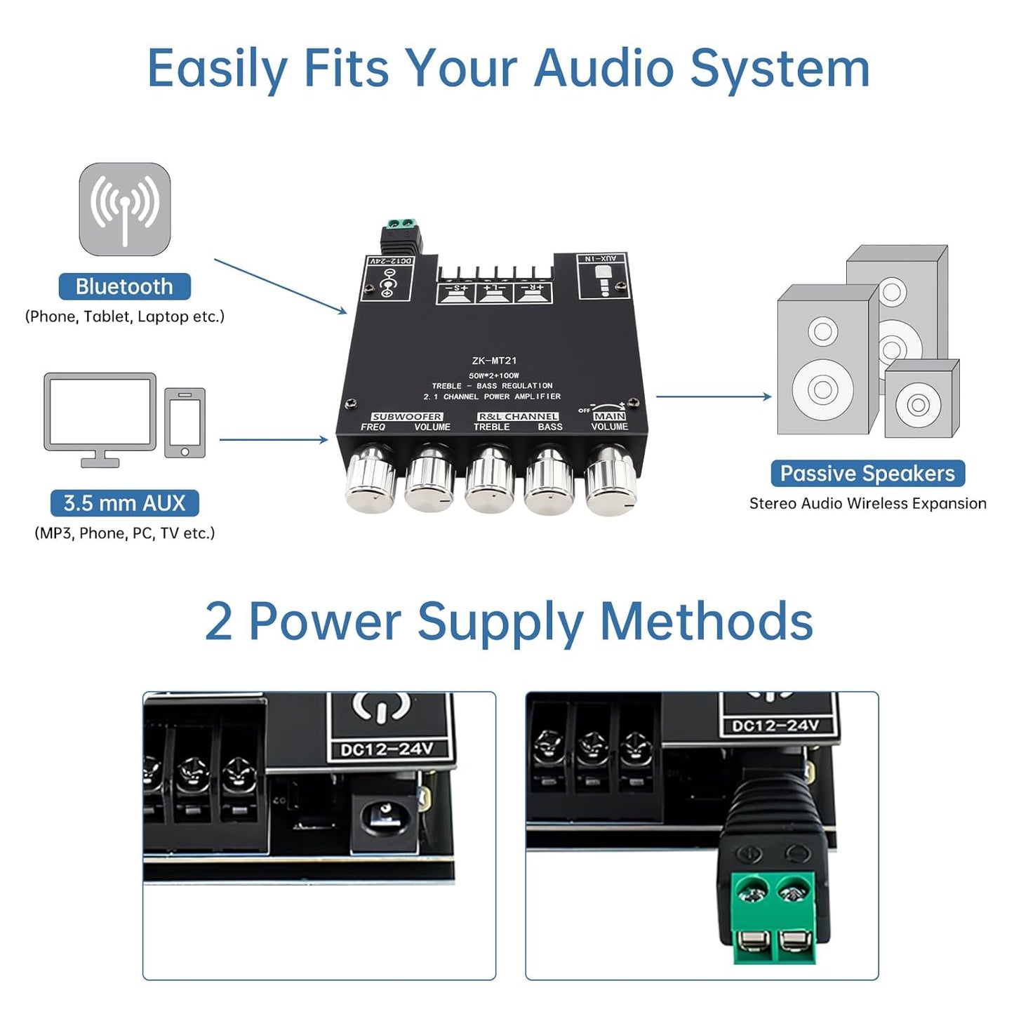 DiGiYes 2.1 50W 2+100W 12V-24V Bluetooth Power Amplifier Board with Subwoofer Channel x DC Audio Power Amplifier Module