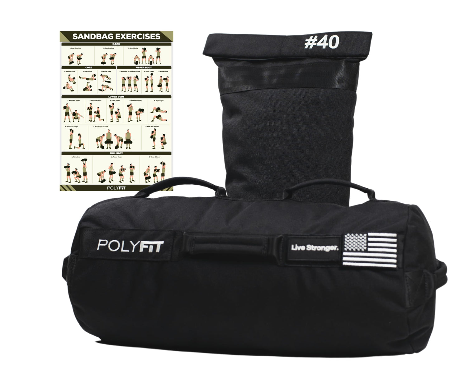 Polyfit Sandbag Pro - Workout Sandbag with Triple Closure Filler Bag and Reinforced Nylon Webbing - Black - 40LB