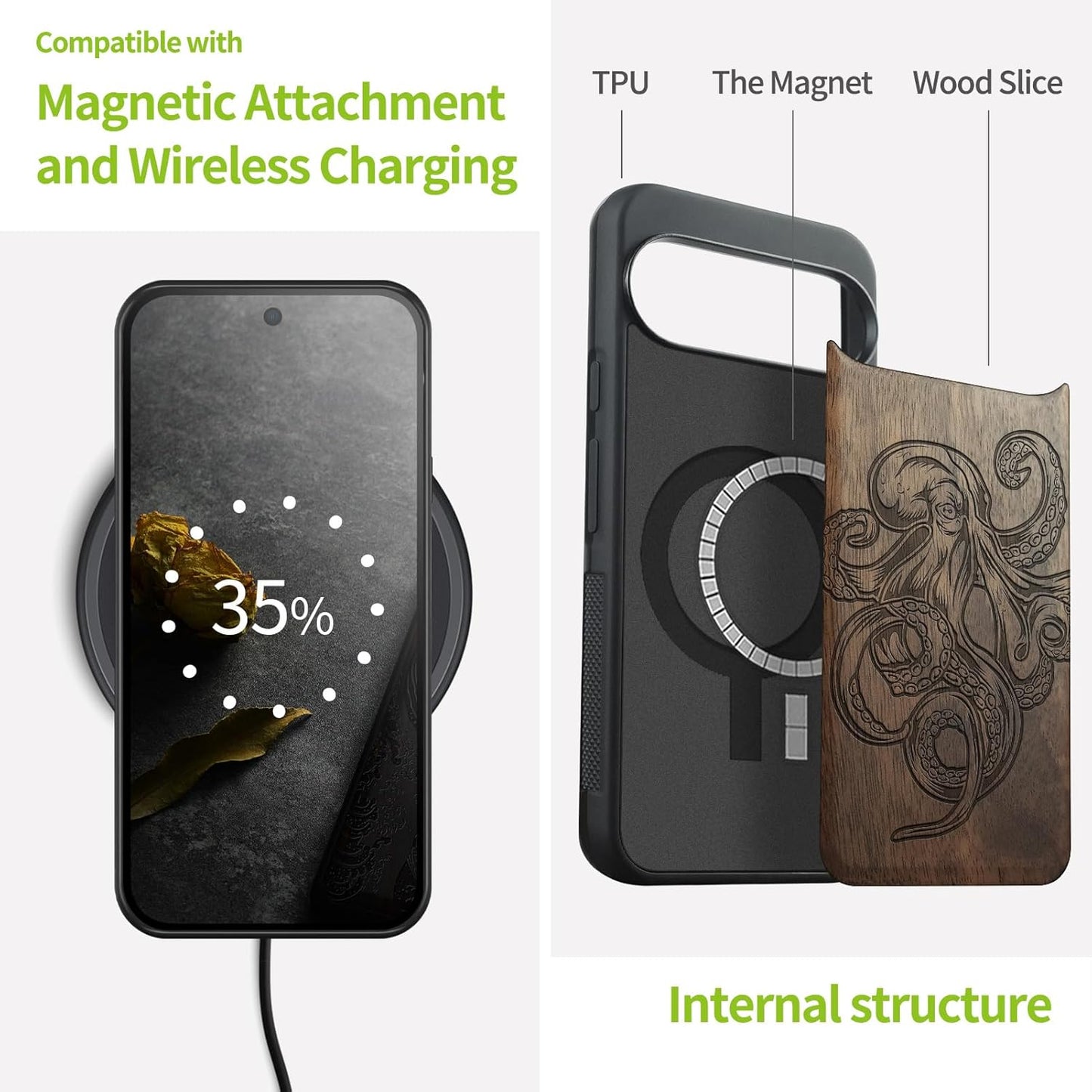 Carveit 10 10 Magnetic Wooden Case for Pixel Pro Google Pro Case, Wood Artisan Engraved & Soft TPU Shockproof Cover