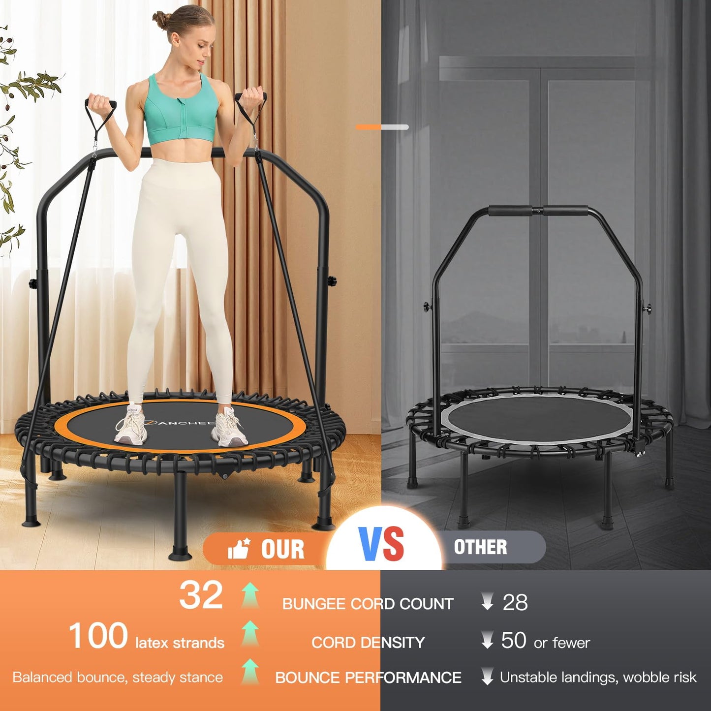 ANCHEER 48" Foldable Mini Trampolines - Max Load 350lbs - 450lbs Indoor Exercise Equipment - with 4 Level Adjustable Foam Handle and Resistance Bands - Adult Exercise Rebounder Trampolines for Home