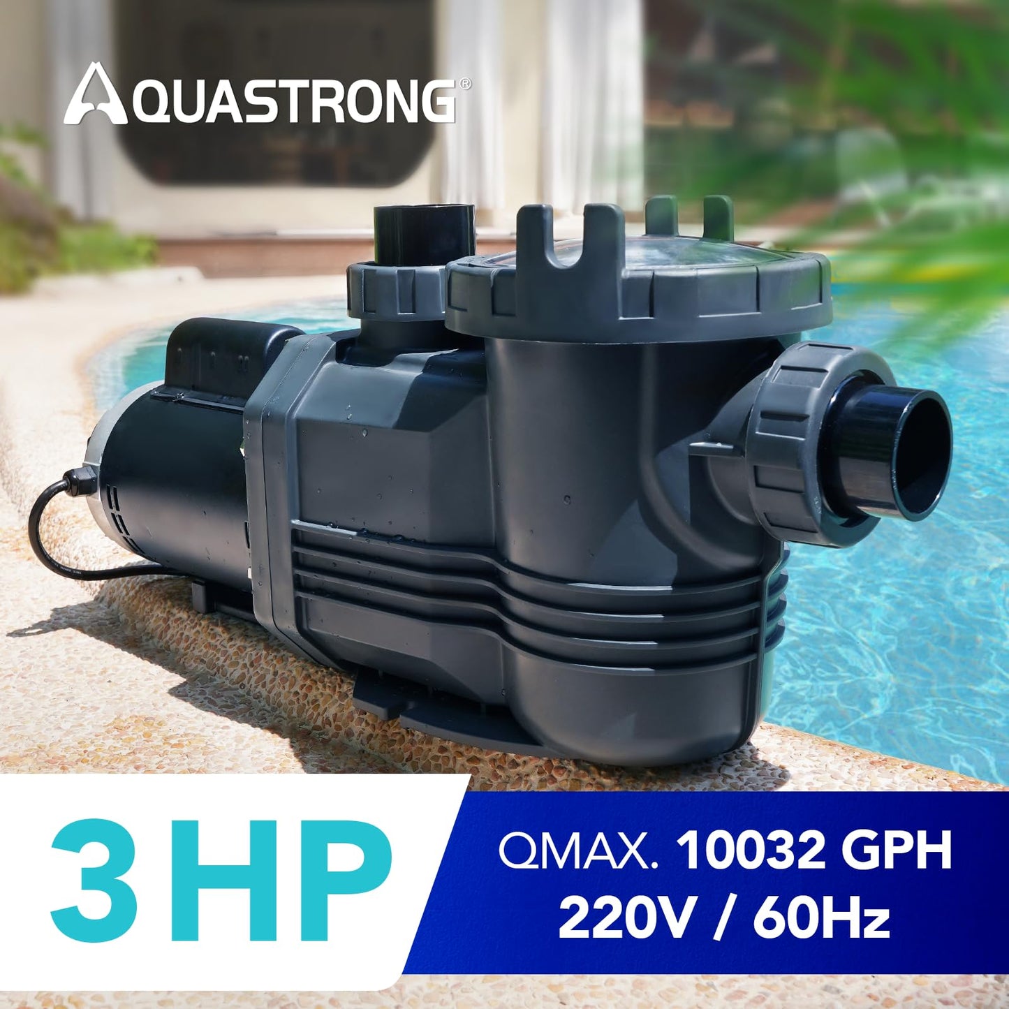 AQUASTRONG In/Above Ground Pool Pump Pure Copper Motor Energy Efficient High Flow Powerful Self Primming Swimming Pool Pumps with Filter Basket, Light Black