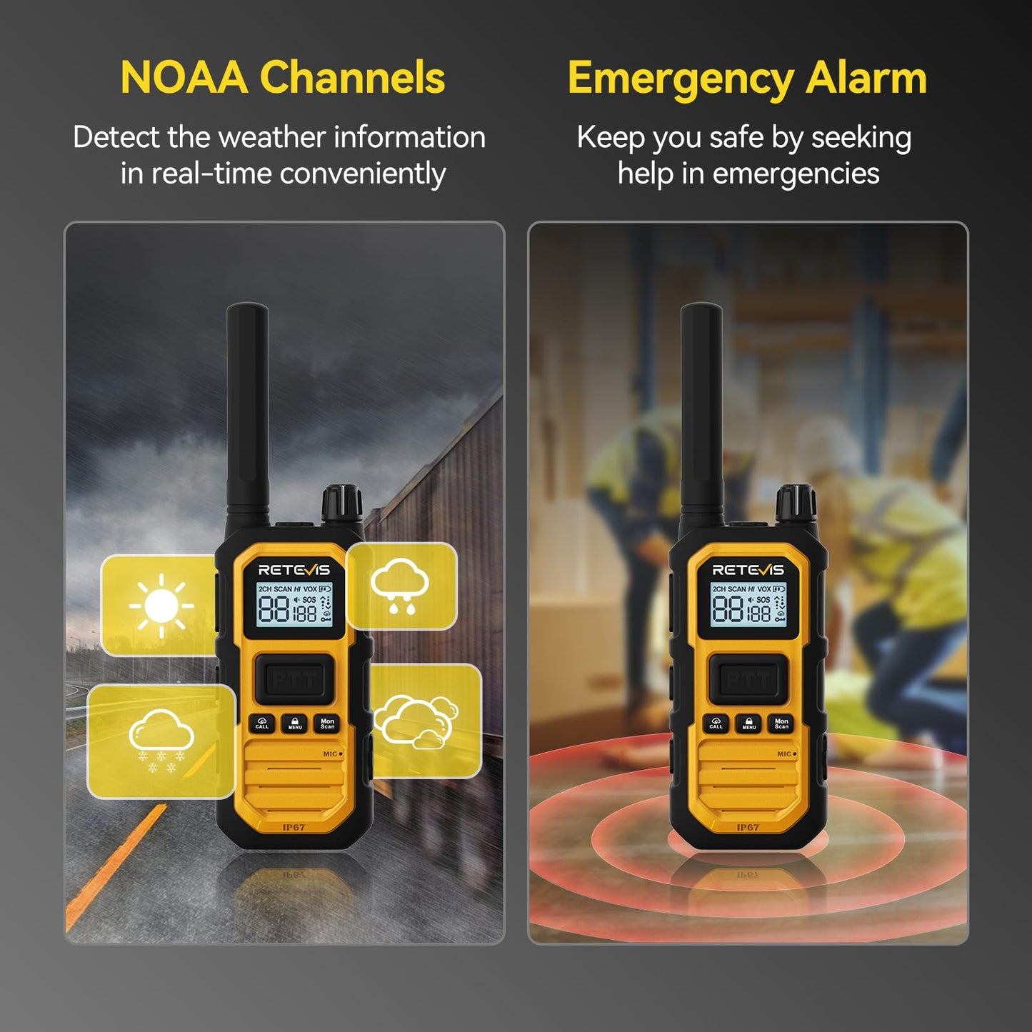 Retevis RB48 Plus IP67 Waterproof Heavy Duty Long Range Walkie Talkies, GMRS Radio, Construction Jobsite Two Way Radio, NOAA, Shock Resistant, Dual PTT, Emergency, Vibration Reminder(4 Pack)