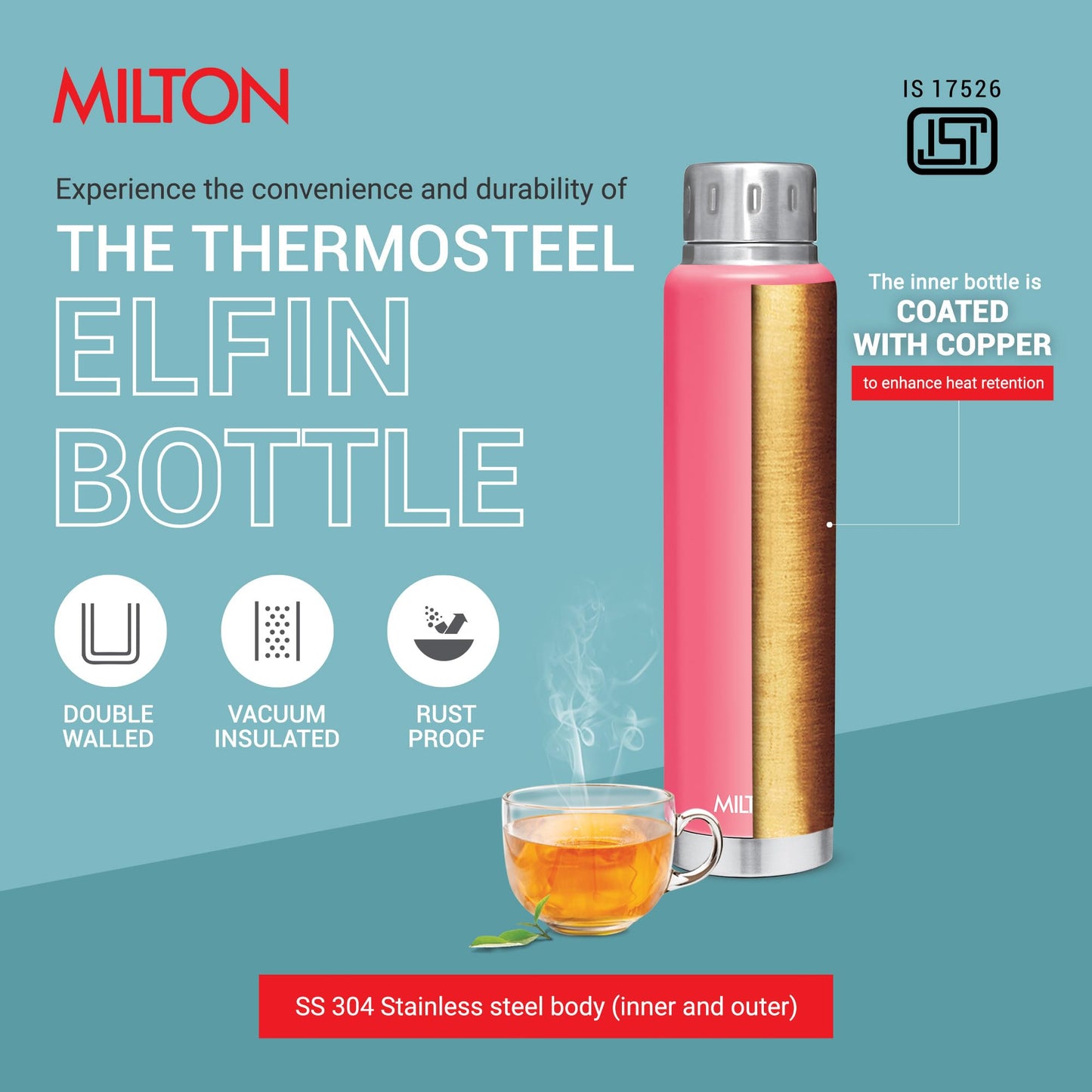 MILTON Thermos Insulated Water Bottle 25 oz (750 ml) Stainless Steel Double walled vacuum flask for 24 Hours Hot and Cold Drinks, Leak Proof for Travel, Office, Gym, Elfin 750 Pink
