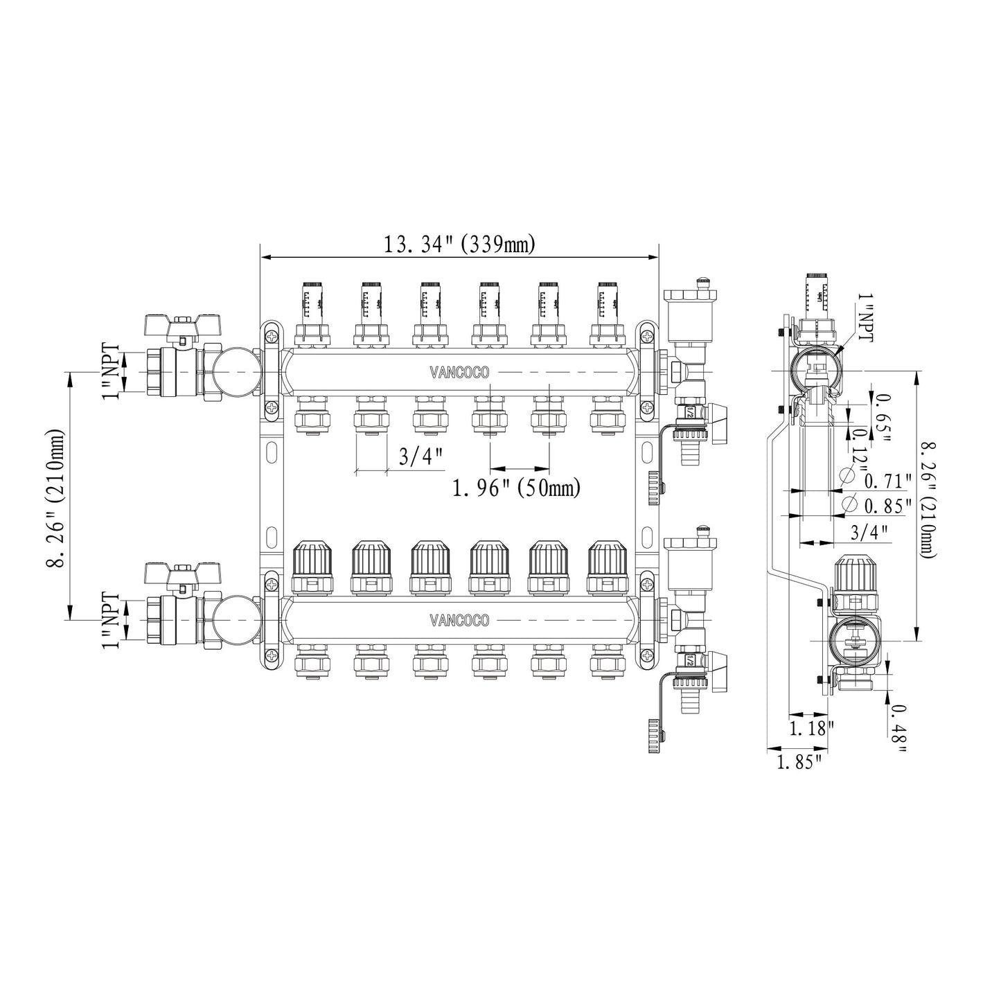 ‌VANCOCO 6 Loop Radiant Floor Heating Manifold, Stainless Steel Infloor Radiant Heat Manifold for Hydronic Radiant Floor Heating with1/2" Adapters