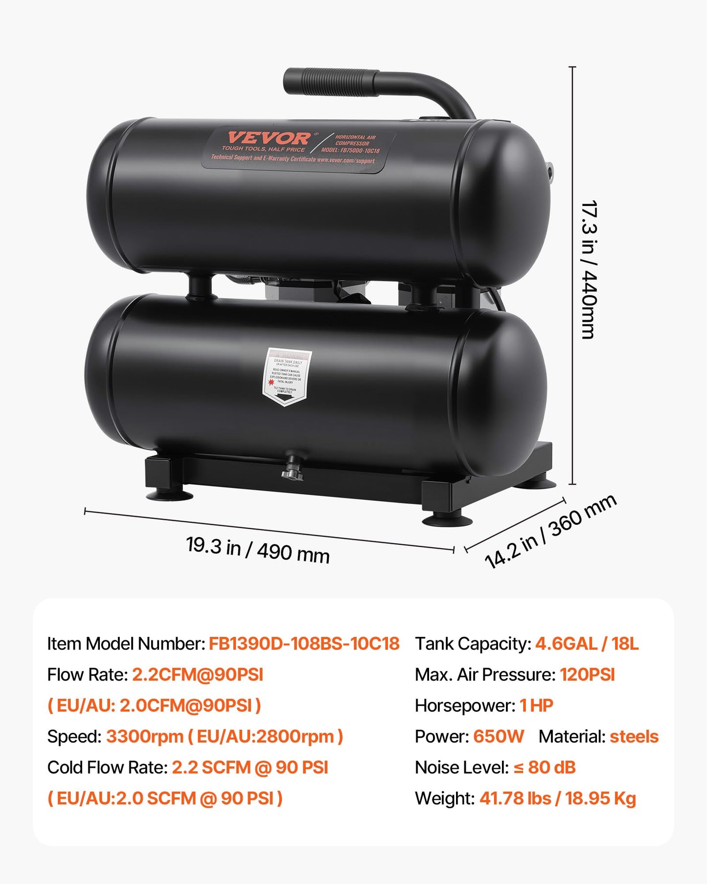 VEVOR Air Compressor, 4.6 Gallon Steel Tank, 1HP 2.2CFM@90 PSI Oil Free Air Compressor & Max 120PSI Pressure, 80dB Ultra Quiet Portable Compressor for Auto Repair, Tire Inflation, Spray Painting, 120V