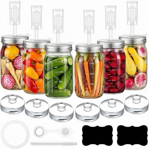 Honeydak 6 Pack Fermentation Jar Kit Include 34 oz Wide Mouth Mason Glass Jars with Fermenting Weights and Airlocks, Stainless Steel Lids, Pickle Jar for Kimchi, Sauerkraut, Vegetables, Yogurt