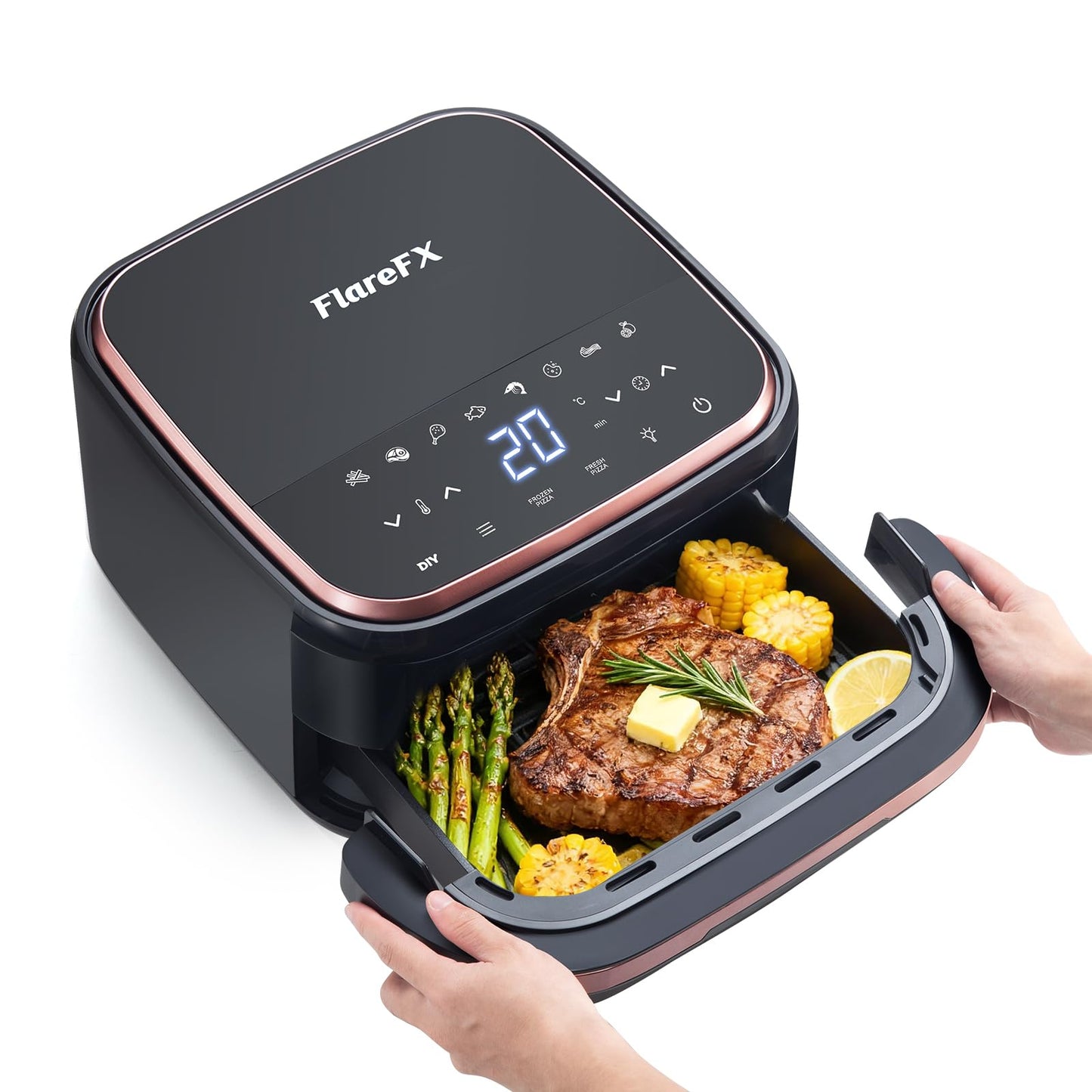 FLAREFX 4.5QT Air Fryer Pizza Oven with 11 Presets, Air Fryers with Dual Heating & 360° Airflow | Viewing Window | Touch Display, Nonstick Airfryer for Roast, Bake, Dehydrate, Microwave, Reheat & More