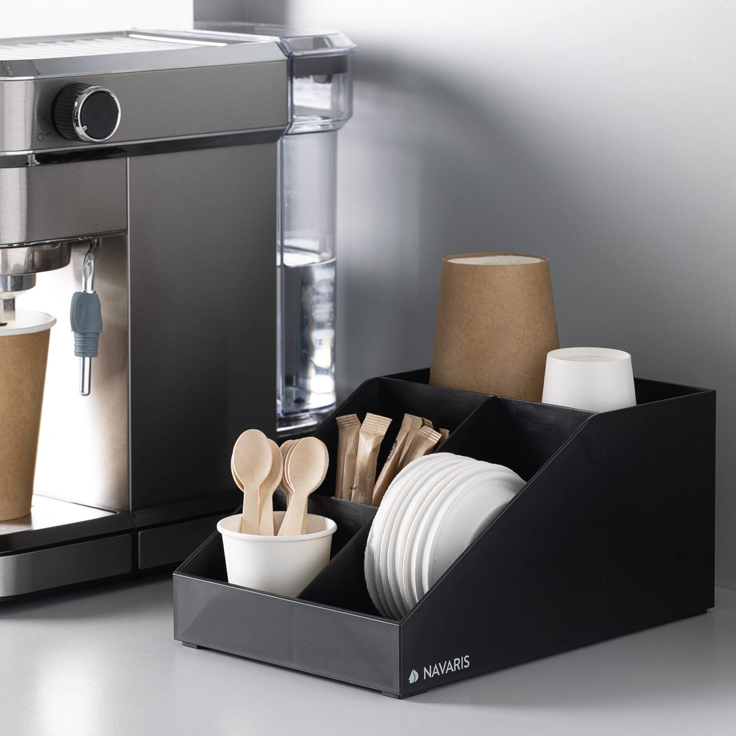 Navaris Coffee Station Organizer - 4 Compartment Coffee Bar for Office & Kitchen Countertop Organization