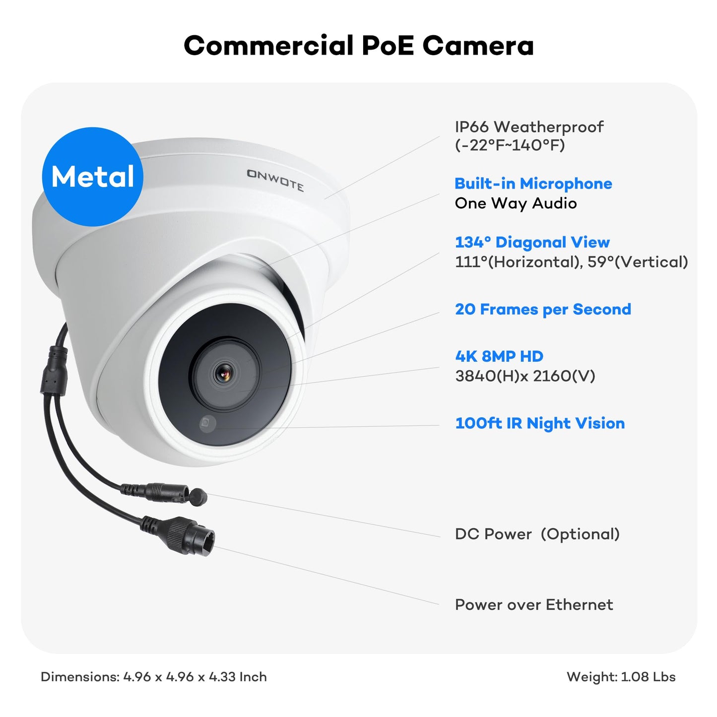 ONWOTE NVR PoE Security Camera System 4K, 16 Channel 6K 12MP Commercial NVR 4TB, 8X 8MP 134° Wired Outdoor IP Cameras with Audio, AI Detection, 8X Cables (Total 480ft), CCTV Kits for Home Businesses