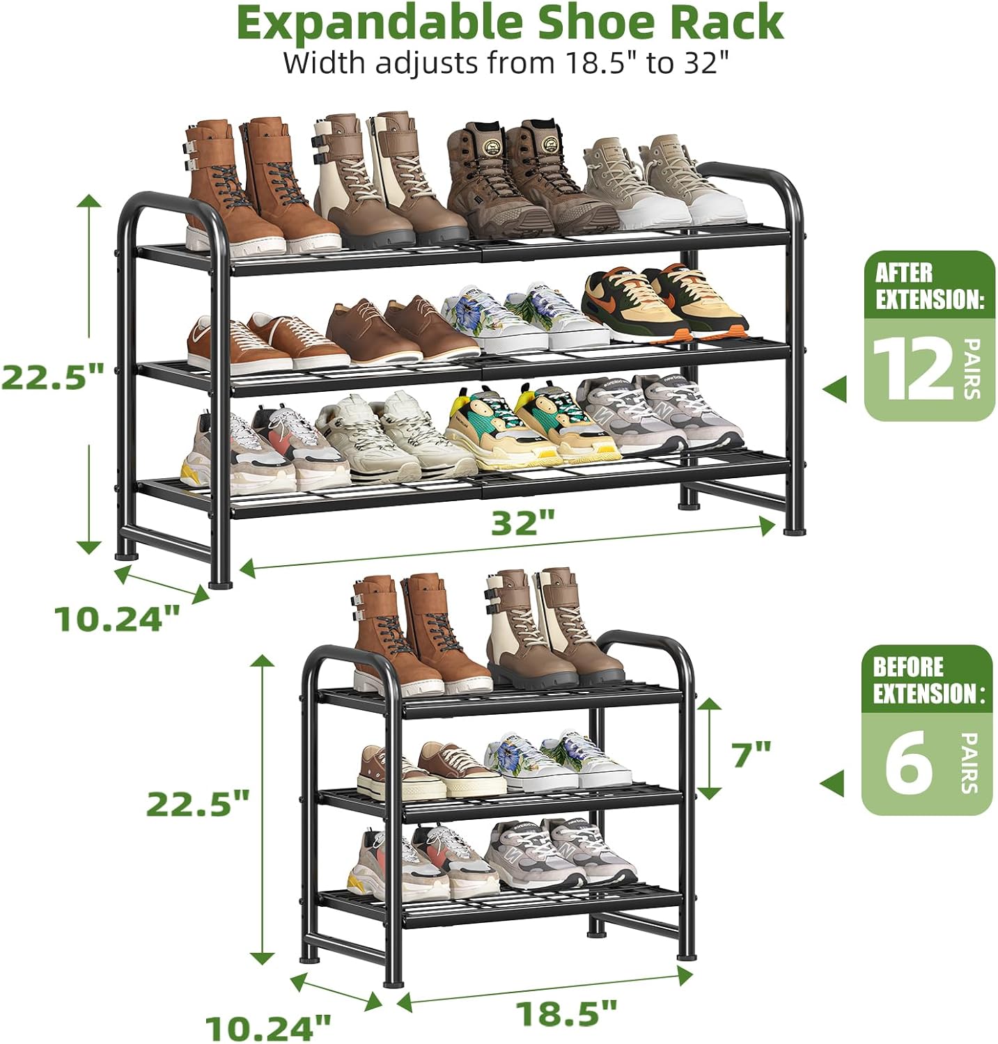 Simple Trending 3-Tier Expandable Shoe Rack - Stackable Metal Organizer for Closet & Entryway, Black