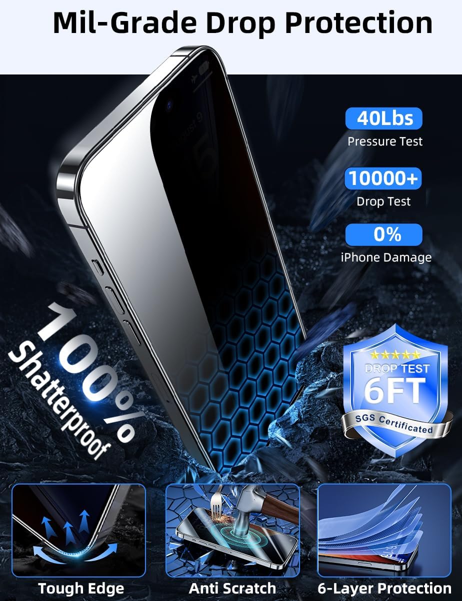 15/16 [6.1 Inch][2-Pack] 9H ruwa Privacy Screen Protector for iPhone Anti-Peep Tempered Glass Film with Easy