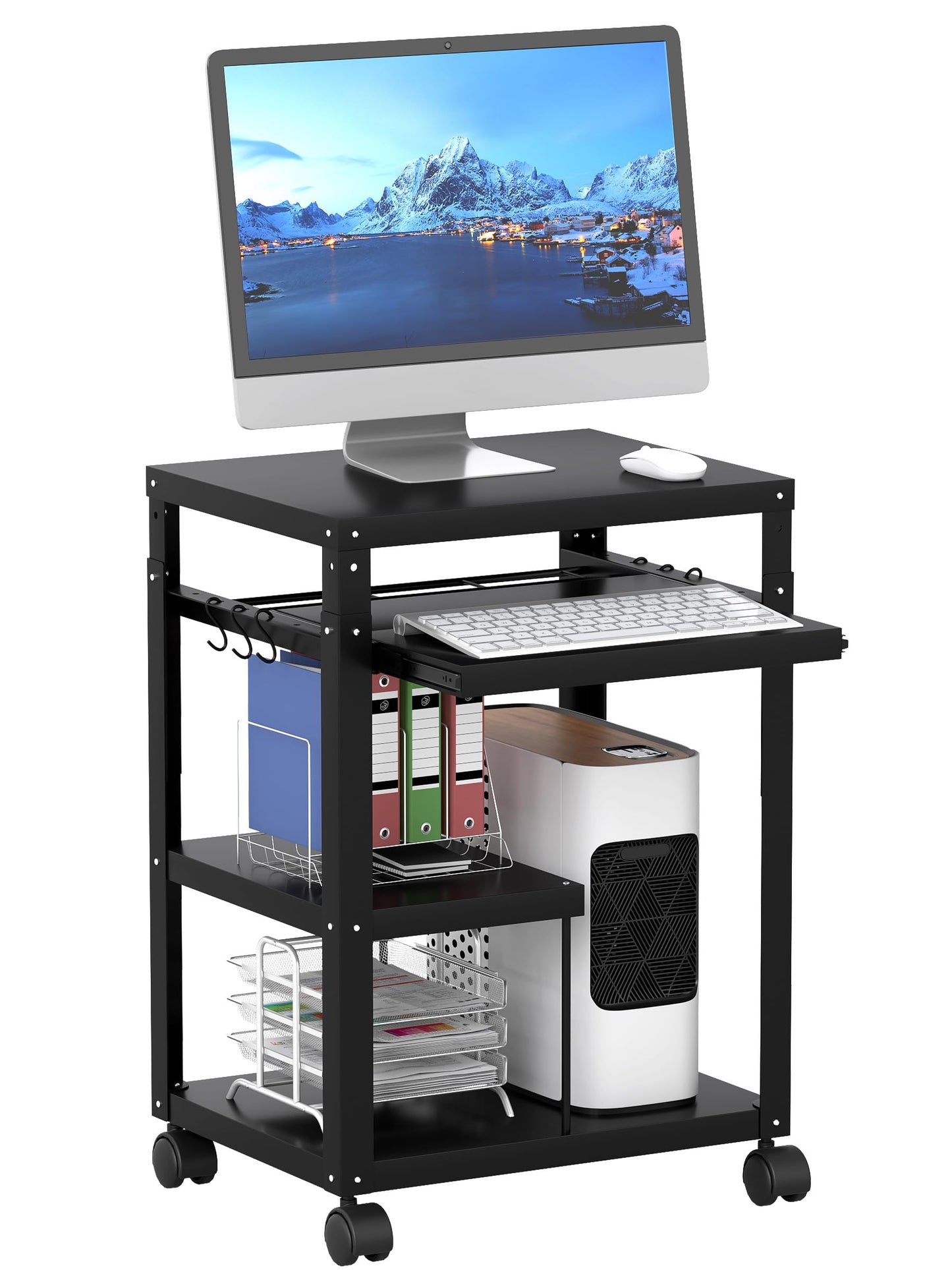 Qriocioa AV Presentation Cart with Keyboard Tray Mobile AV Cart Stand Metal Media Cart with Wheels for Projector Height Adjustable Computer Workstation Presentation Cart for School Classroom Office