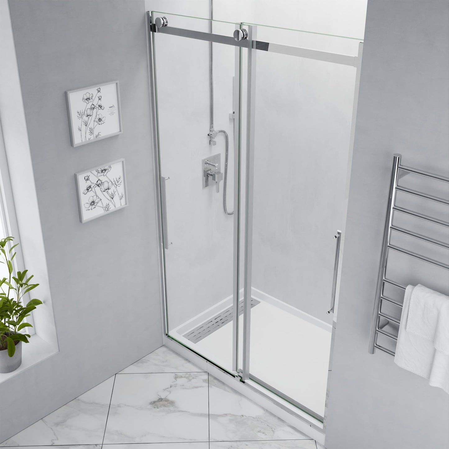 ANZZI 76" x 60" Frameless Shower Door in Polished Chrome, Stella Water Repellent Glass Shower Door with Seal Strip Parts and Handle, Easy Glide Rollers Sliding Shower Door (SD-FRLS05902CH)