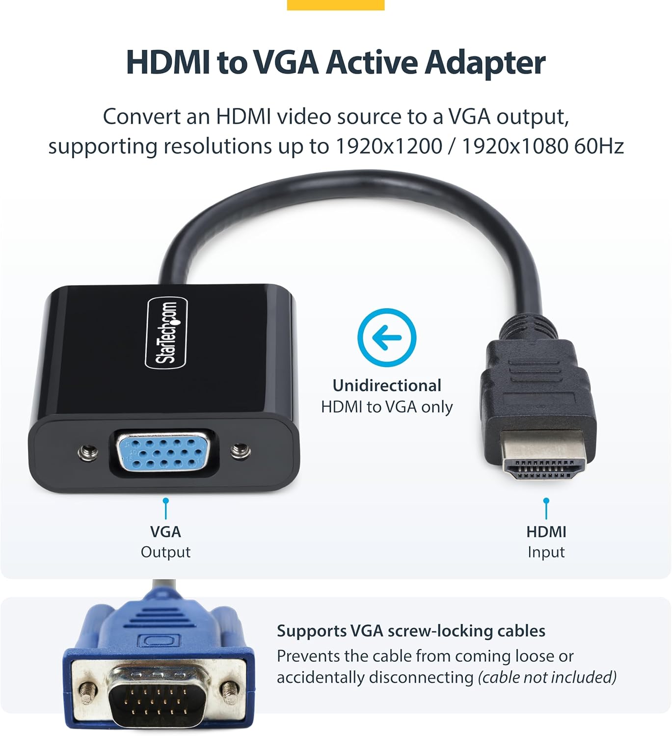 StarTech.com 1920x1080 (1080p), HDMI to VGA Adapter, Active Video Converter for Laptop/Desktop, HDMI Source to VGA