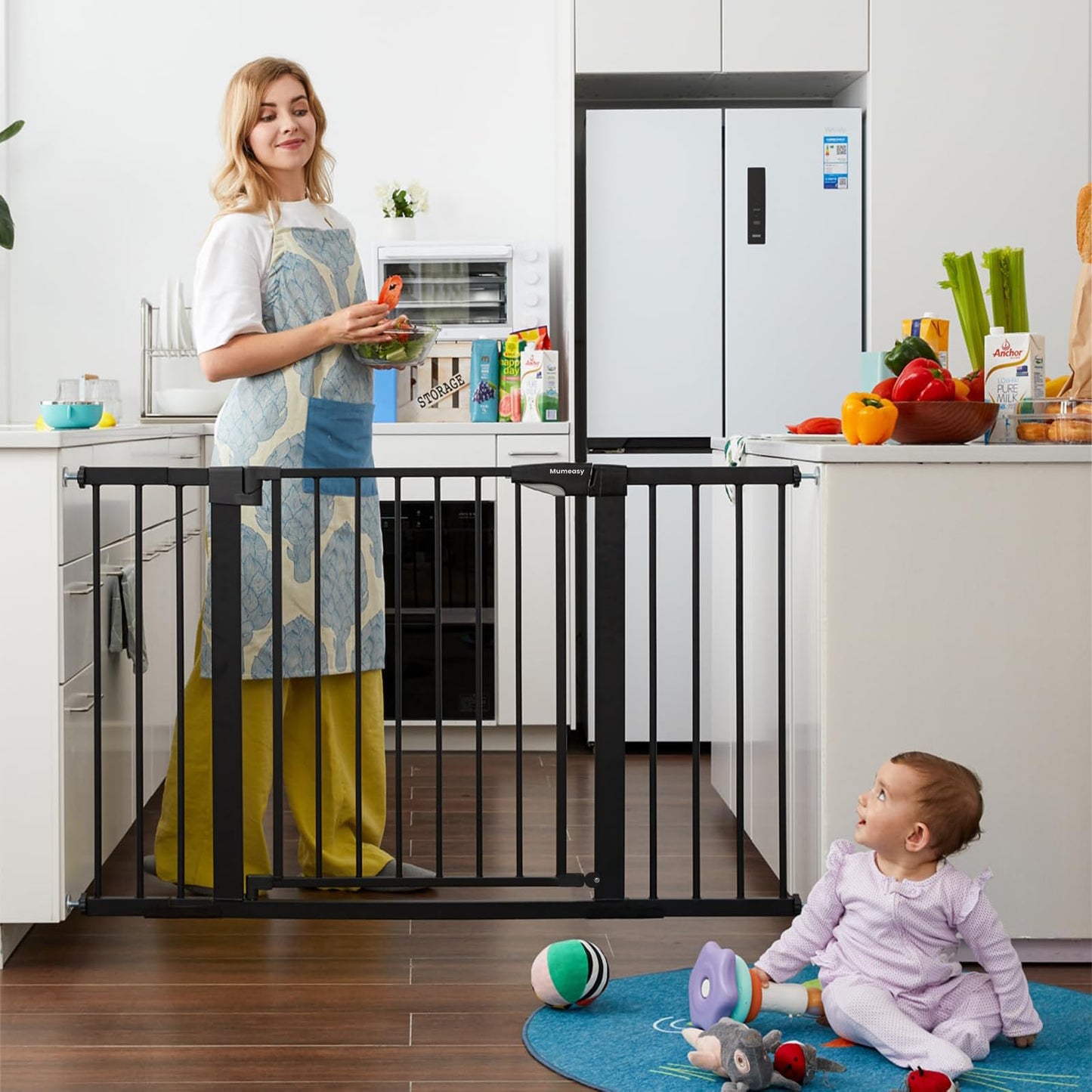 Mumeasy Baby Gate Extra Wide, 29.7-51'' Pressure Mounted Dog Gate with Walk Thru Door, Auto Close Pet Gate for House, Stairs, Doorways,Black