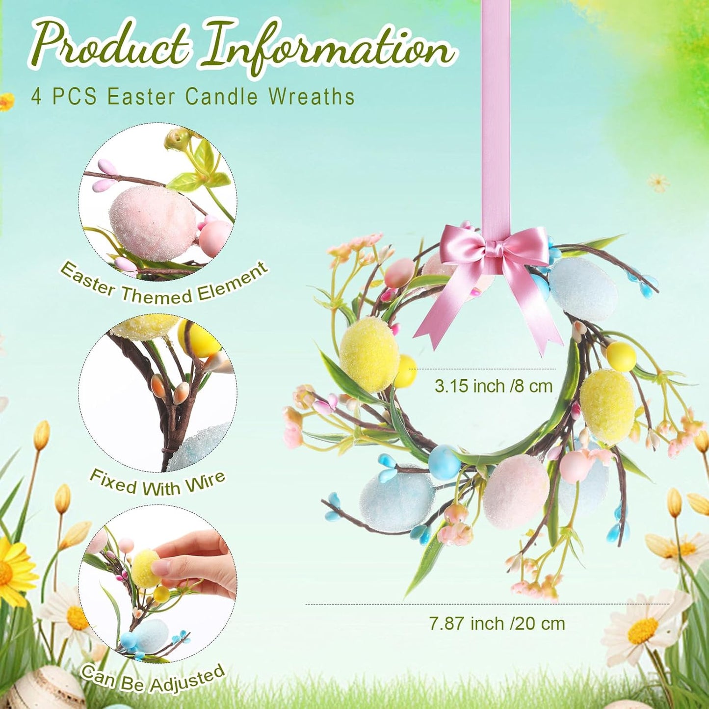 XunYee Easter Egg Candle Rings - 4 Pcs Mini Pastel Berry Floral Candleholders for Spring Decor | Farmhouse Centerpiece