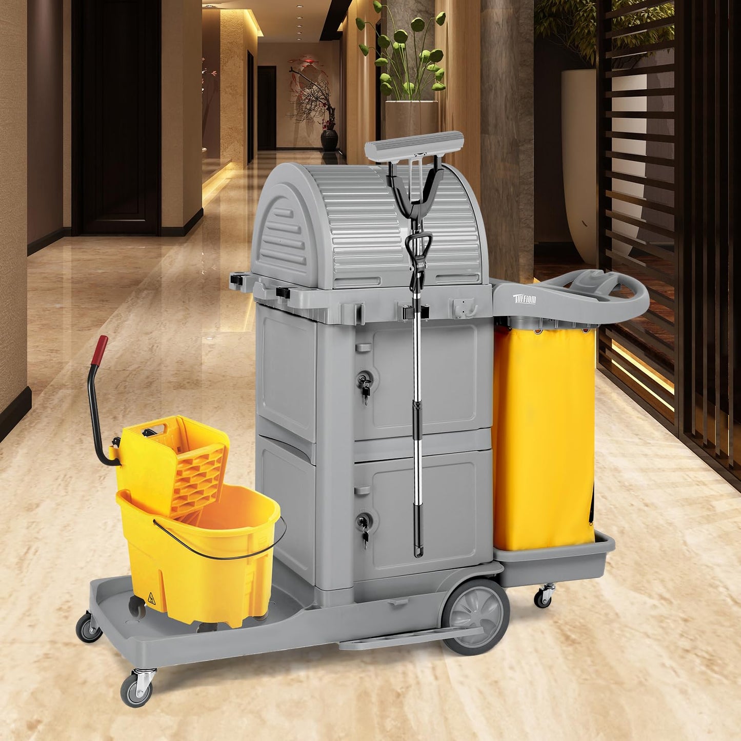 TUFFIOM Janitorial Cart on Wheels, 3 Shelf Commercial Cleaning Cart with Key Locking-Cabinet, Grey Housekeeping Cart with Locker and Cleaning Bag, for Hotel, Business, Office, Stadium Use