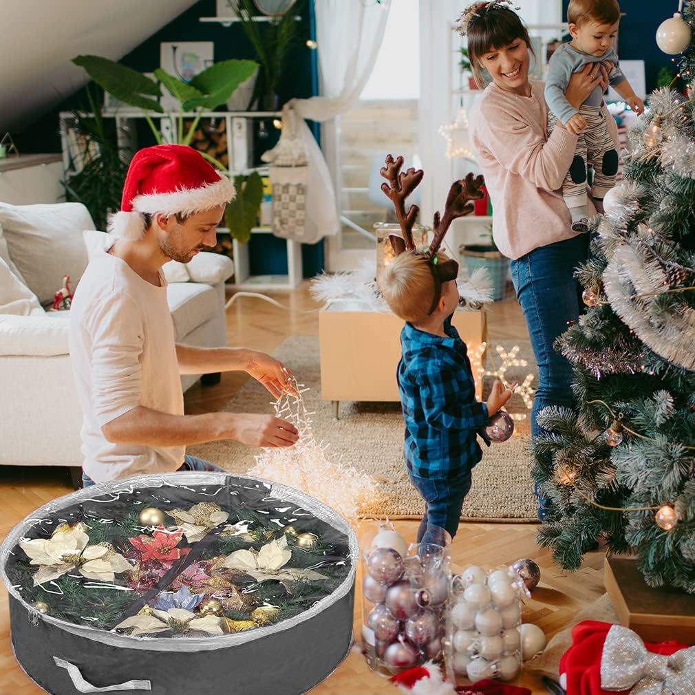 Primode Christmas Wreath Storage Bag 30" - Durable 600D Oxford Container with Clear Top Window for Easy Holiday Storage | Gray