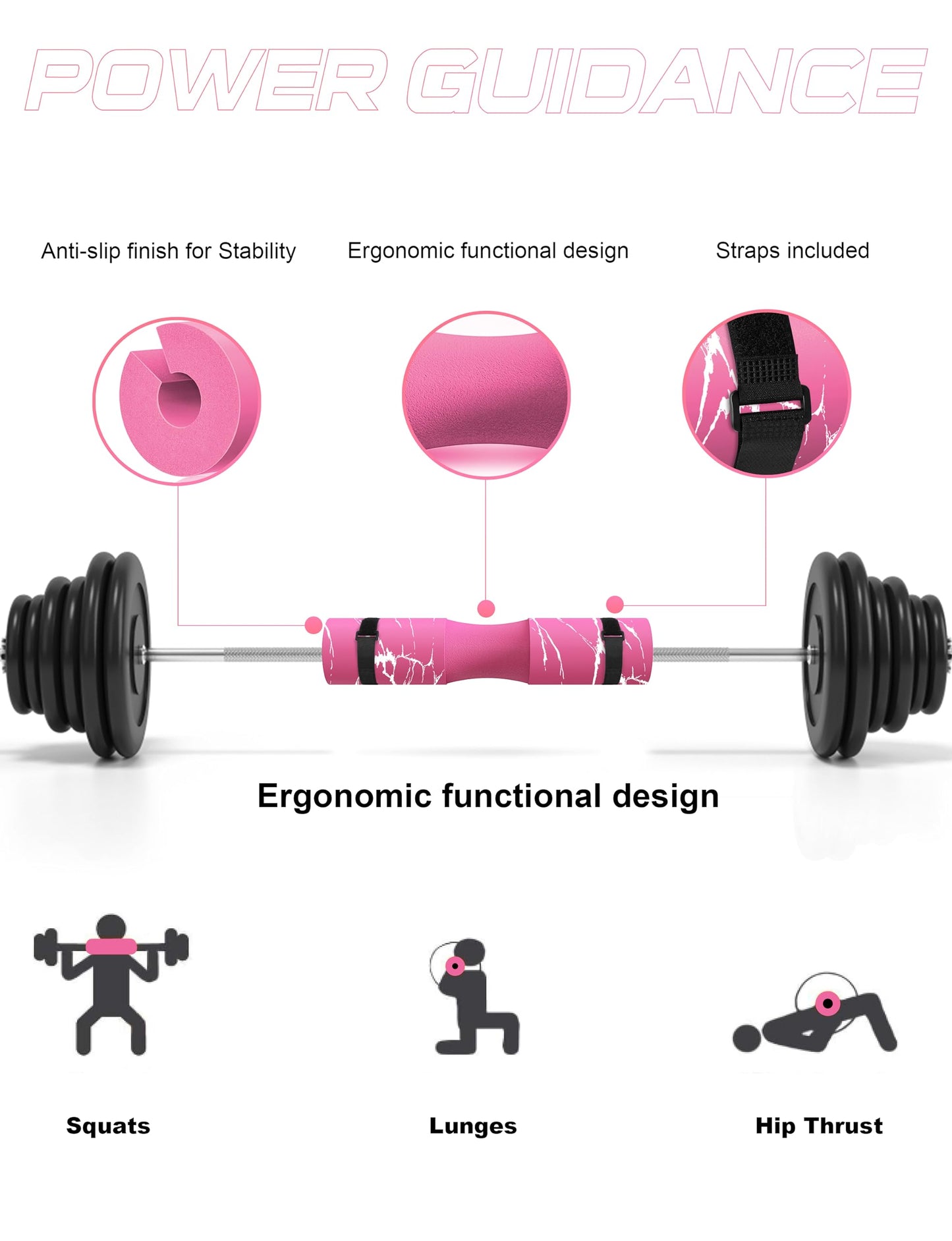 POWER GUIDANCE Barbell Squat Pad - Neck & Shoulder Protective Pad - Great for Squats, Lunges, Hip Thrusts, Weight Lifting & More - Fit Standard and Olympic Bars Perfectly,Pink Marble