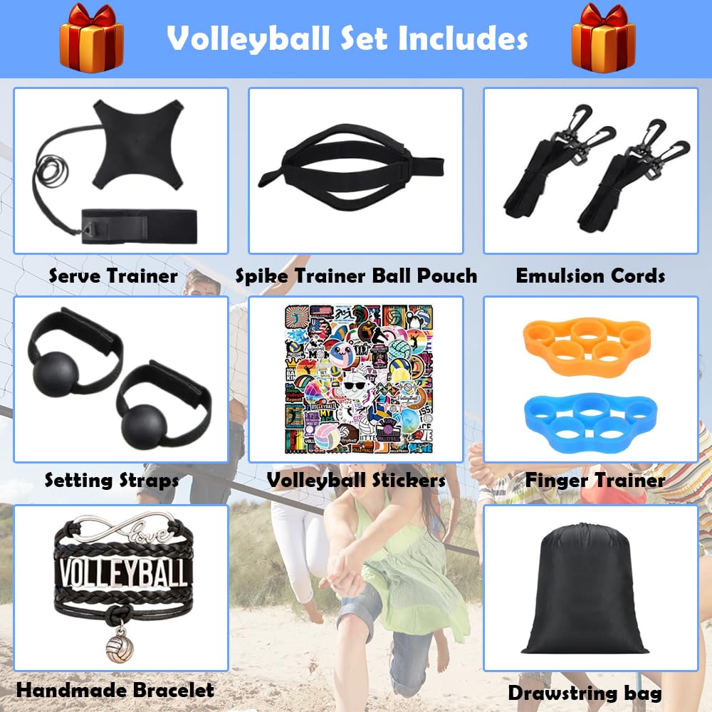 ENERACES Solo Volleyball Trainer Pro Kit with Rebounder – All-in-One Volleyball Training Equipment for Serving, Spiking & Setting Practice, Youth & Teen Practice Gift with Stickers & Bracelet