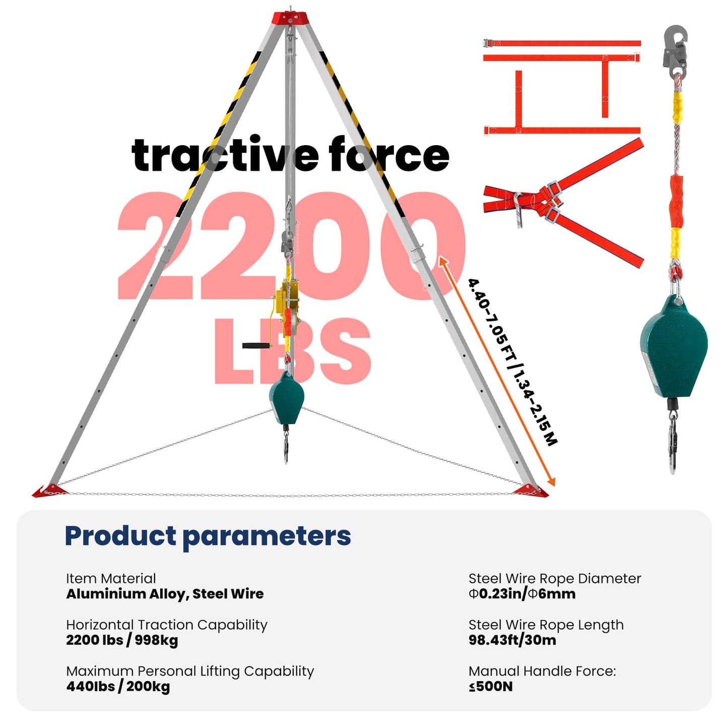 Confined Space Tripod Kit, 2200 Lbs Winch, Adjustable 7' Legs & 98' Cable, Steel Confined Space Rescue Tripod with 33' Fall Protection/Harness/8' Protection Chain for Confined Spaces Safety