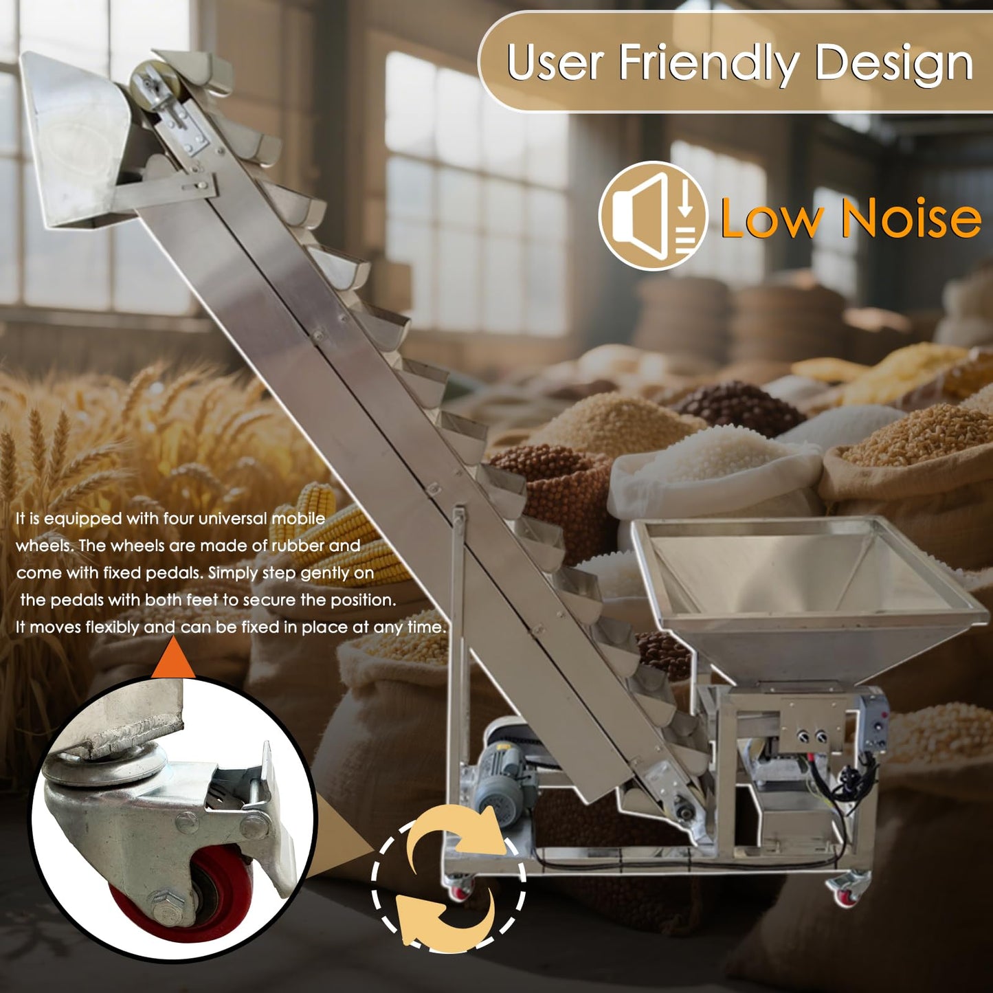 EQCOTWEA Electric Bucket Elevator Conveyor with Tilting Flip-Up Hopper Feeder 40gal Loading & Transfer Machine Stainless Steel Industrial Feeding System 220V/1PH