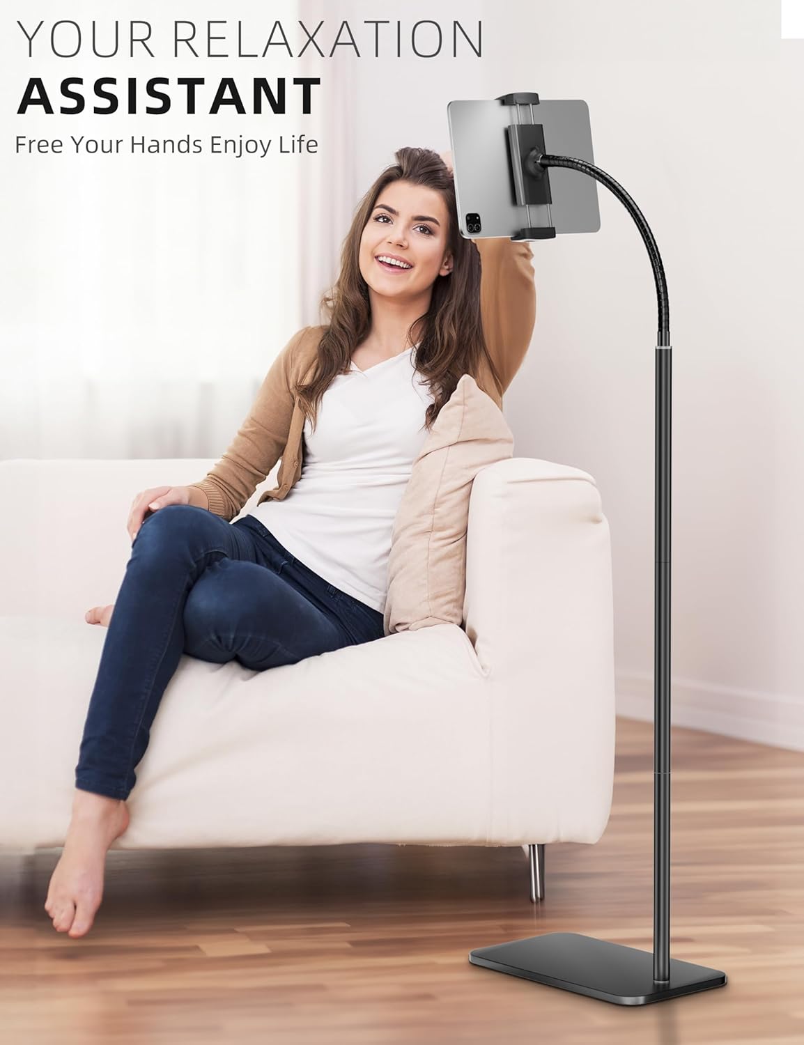 LanPavilion (4.7''-13''), iPad Stand, Adjustable Tablet Floor Stand Metal Tablet Holder with Flexible Gooseneck