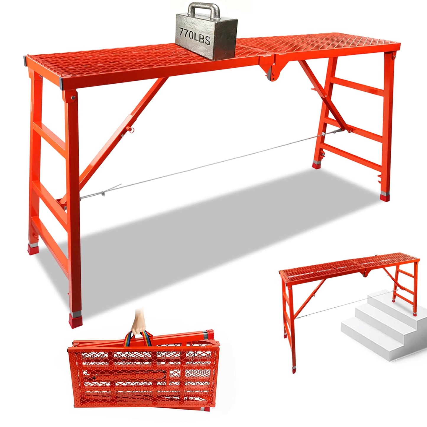 Foldable Scaffolding Platform, 70.8x15.2x36.2-62 Inch Portable Work Platform, 770 Lbs Capacity, Adjustable Height Industrial Step Ladders, Ideal for Painting, Wiring and Home Decor, Red