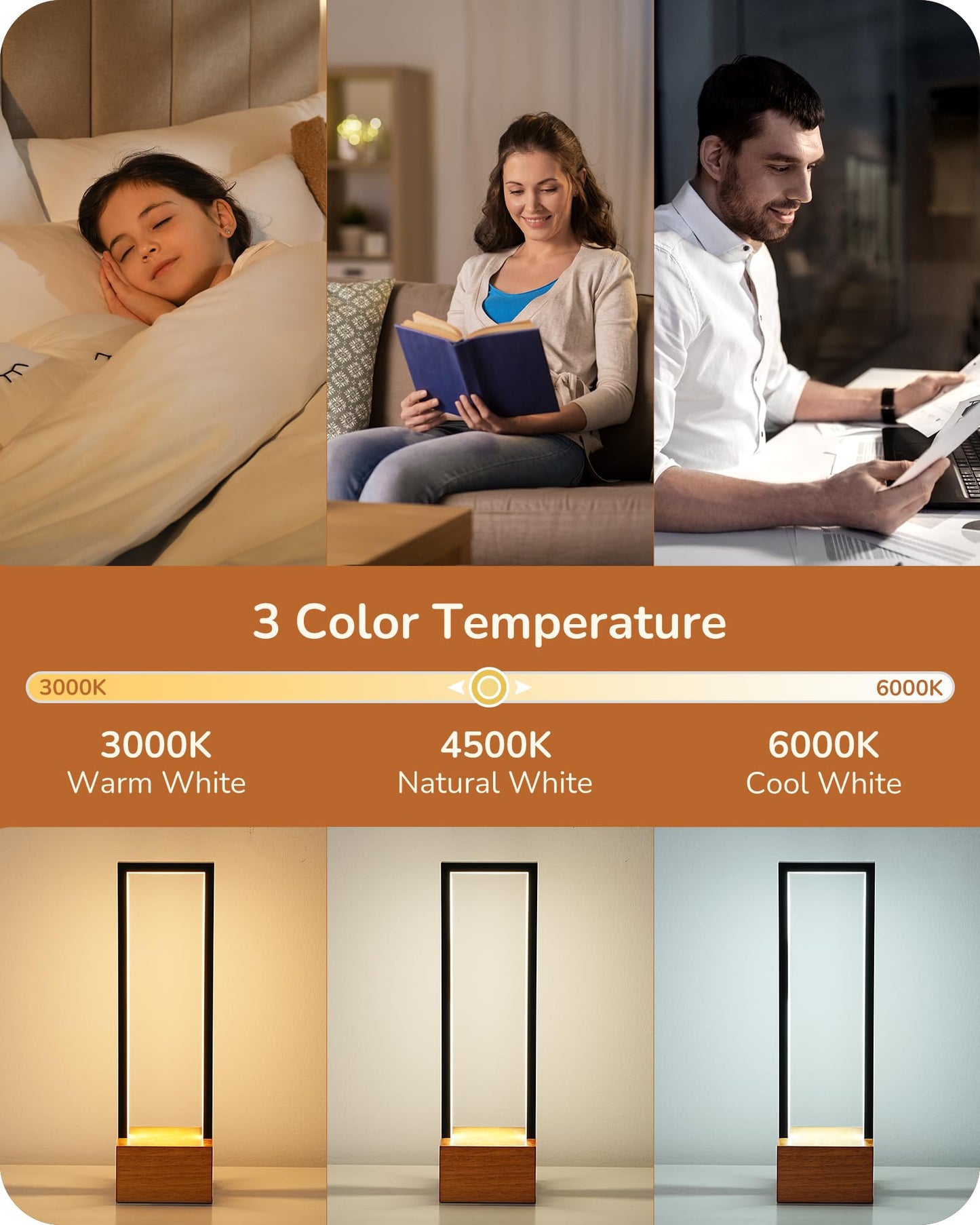 EDISHINE LED Table Lamp, Dimmable Nightstand Lamp, 3 Color Temperatures, Rosewood Base, Model HLTL12Q