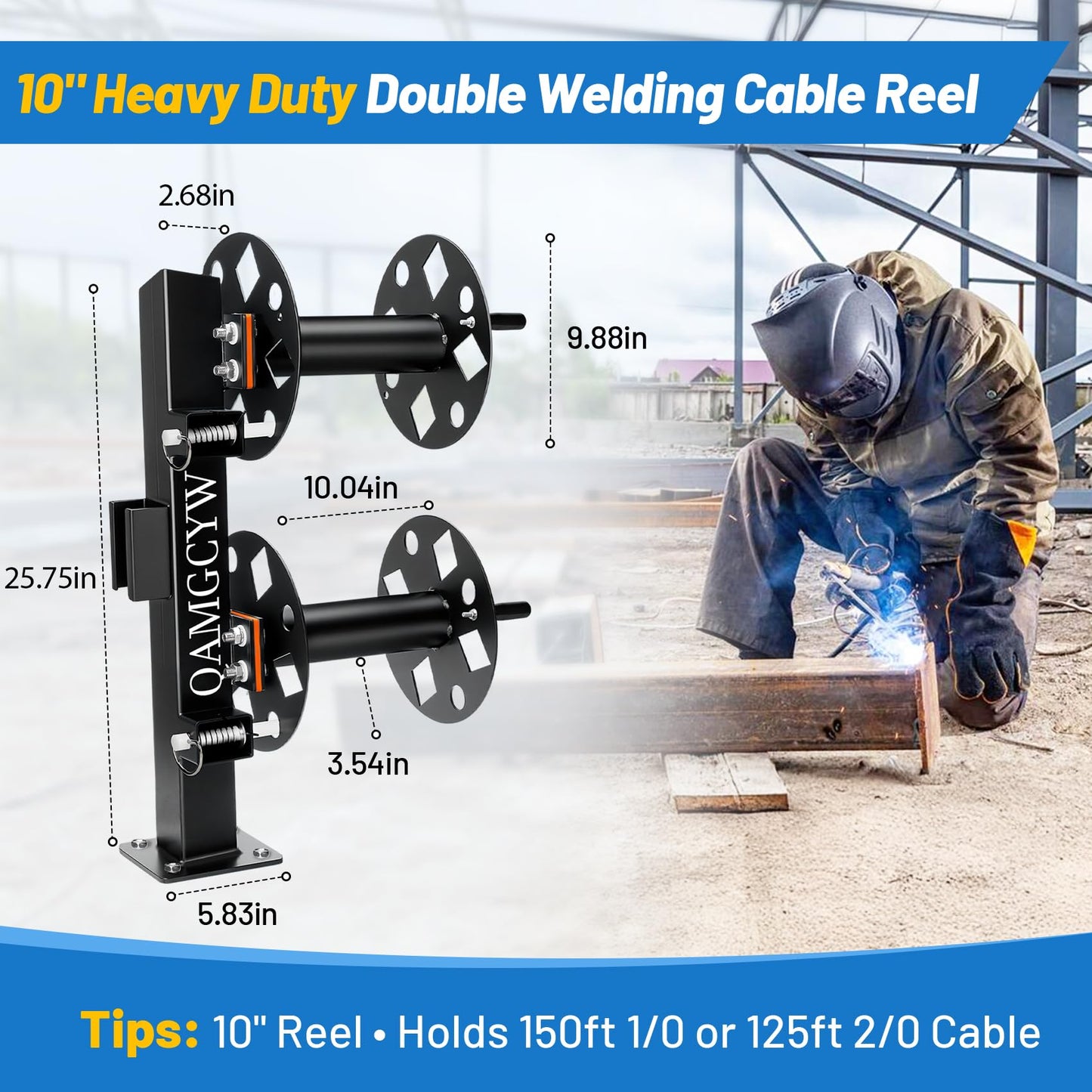 𝑼𝒑𝒈𝒓𝒂𝒅𝒆 Heavy Duty Double Welding Lead Reel, 10° Fixed Base Cable Lead Reel with Insulated Sealing Gaskets & Screws No Leaks No Shorts, Fits 150ft 1/0 or 125ft 2/0 Cable for Trucks Industrial